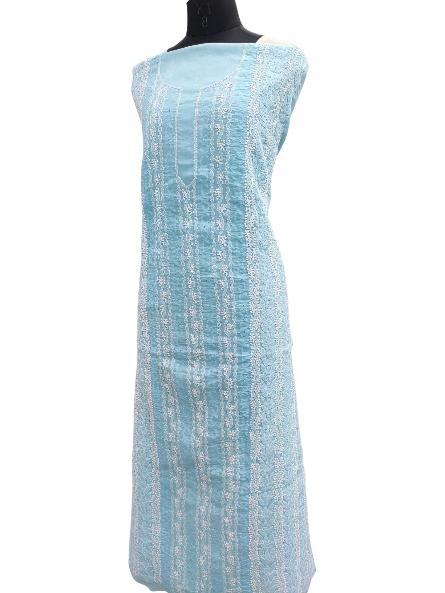 Shyamal Chikan Hand Embroidered Blue Cotton Lucknowi Chikankari Unstitched Kurta Piece With Daraz Work - S20550