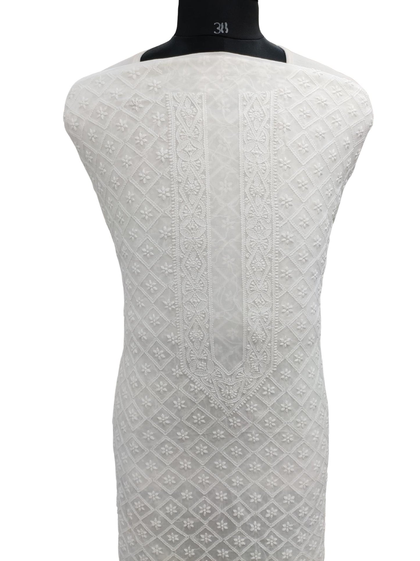 Shyamal Chikan Hand Embroidered White Viscose Georgette Lucknowi All-Over Chikankari Unstitched Men's Kurta Piece – S20161