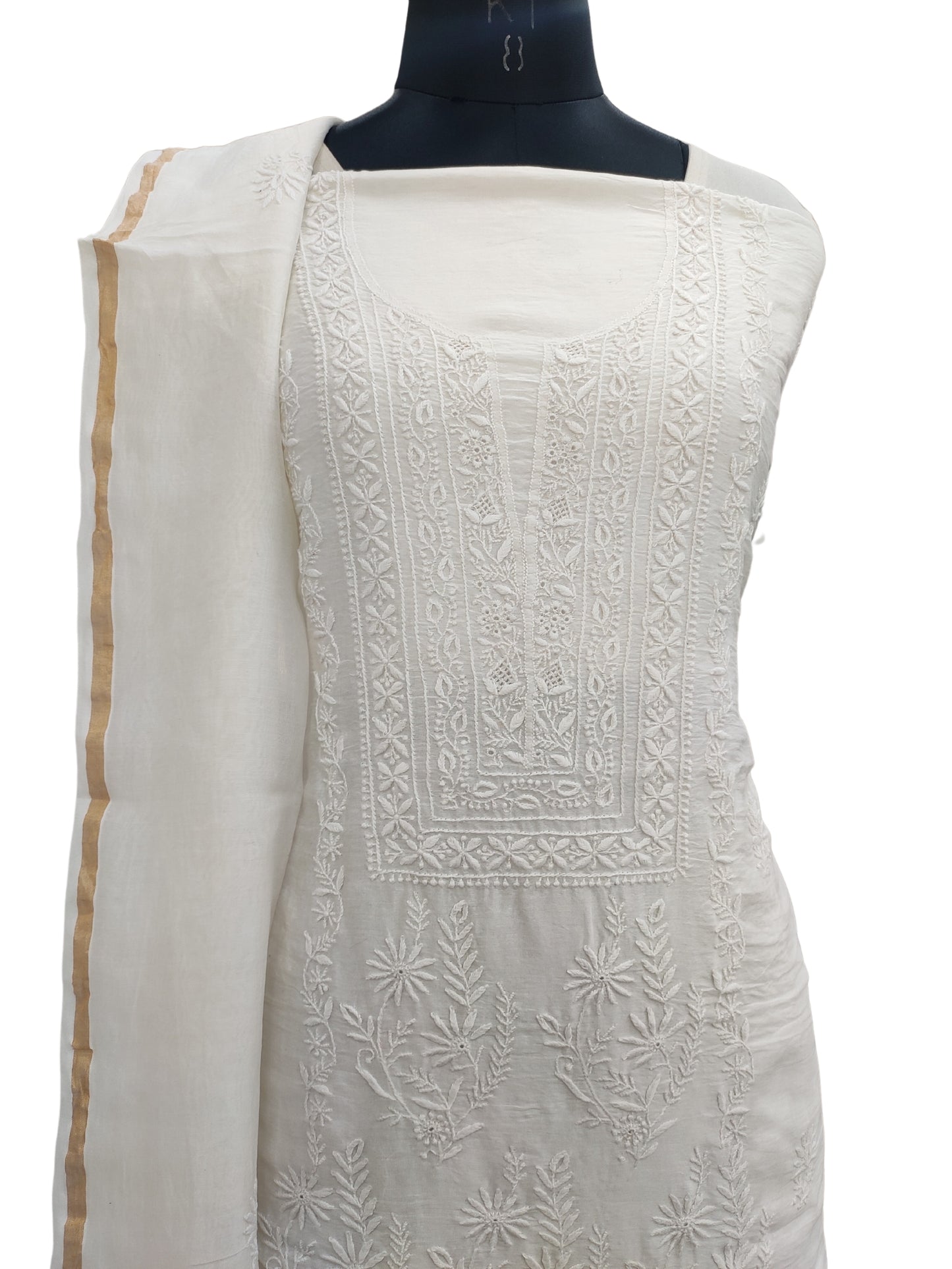 Shyamal Chikan Hand Embroidered White Pure Chanderi Silk Lucknowi Chikankari Unstitched Suit Piece ( Kurta Dupatta Set) - S19388