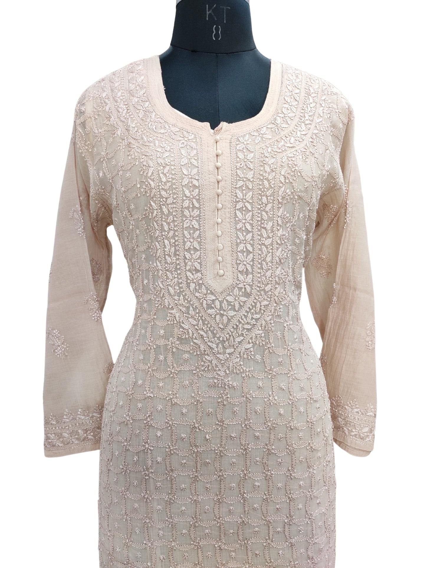 Shyamal Chikan Hand Embroidered Beige Mul Chanderi Lucknowi Chikankari Kurti - S25976