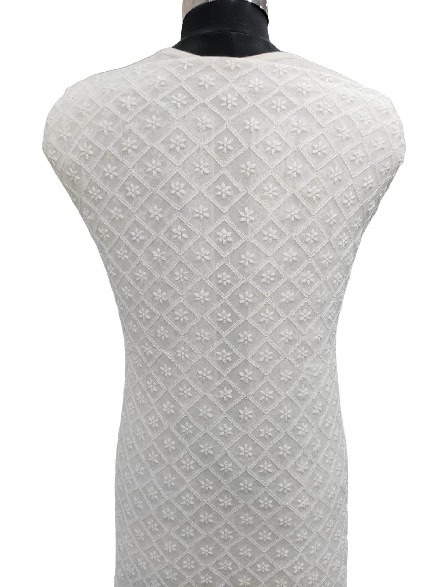 Shyamal Chikan Hand Embroidered White Viscose Georgette Lucknowi All-Over Chikankari Unstitched Men's Kurta Piece – S20161