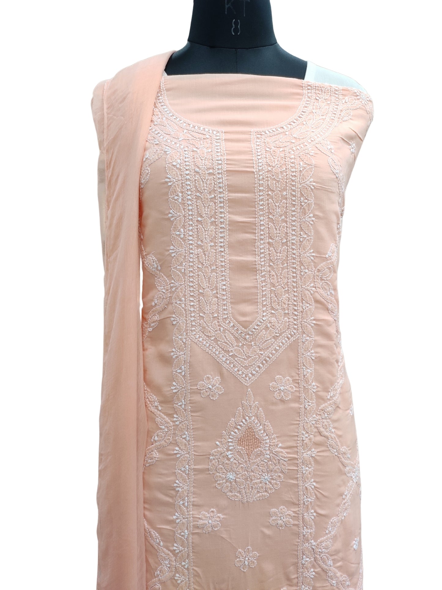 Shyamal Chikan Hand Embroidered Peach Cotton Lucknowi Chikankari Unstitched Suit Piece - S26254