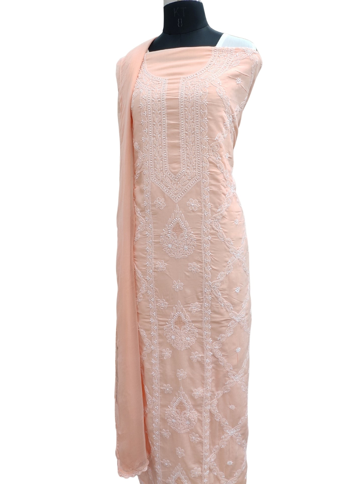 Shyamal Chikan Hand Embroidered Peach Cotton Lucknowi Chikankari Unstitched Suit Piece - S26254