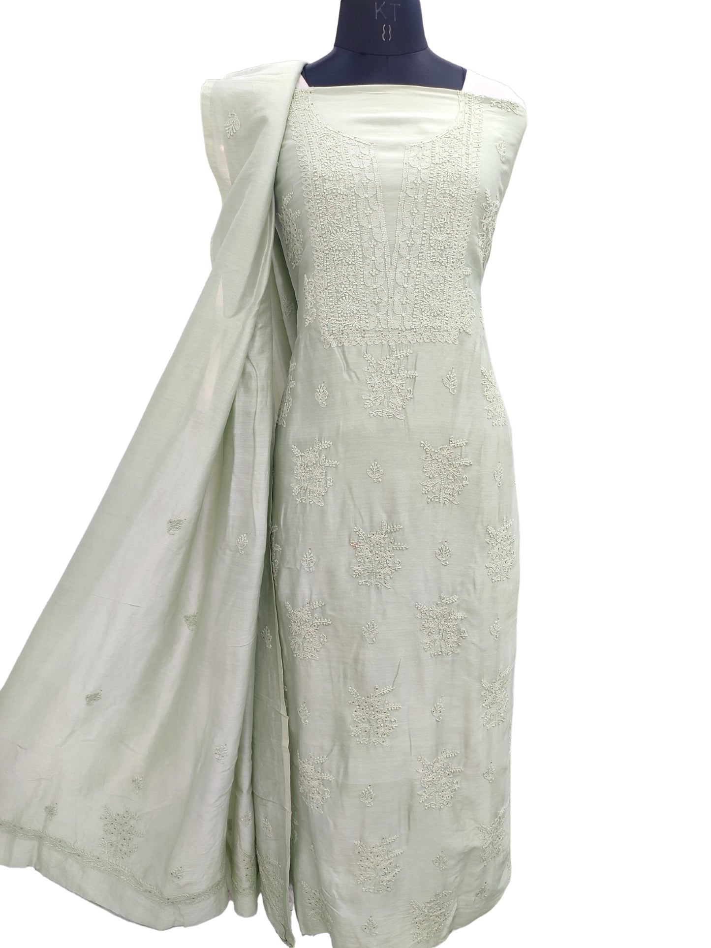 Shyamal Chikan Hand Embroidered Green Chanderi Silk Lucknowi Chikankari Unstitched Suit Piece With Mukaish Work ( Set of 2 ) - S13325