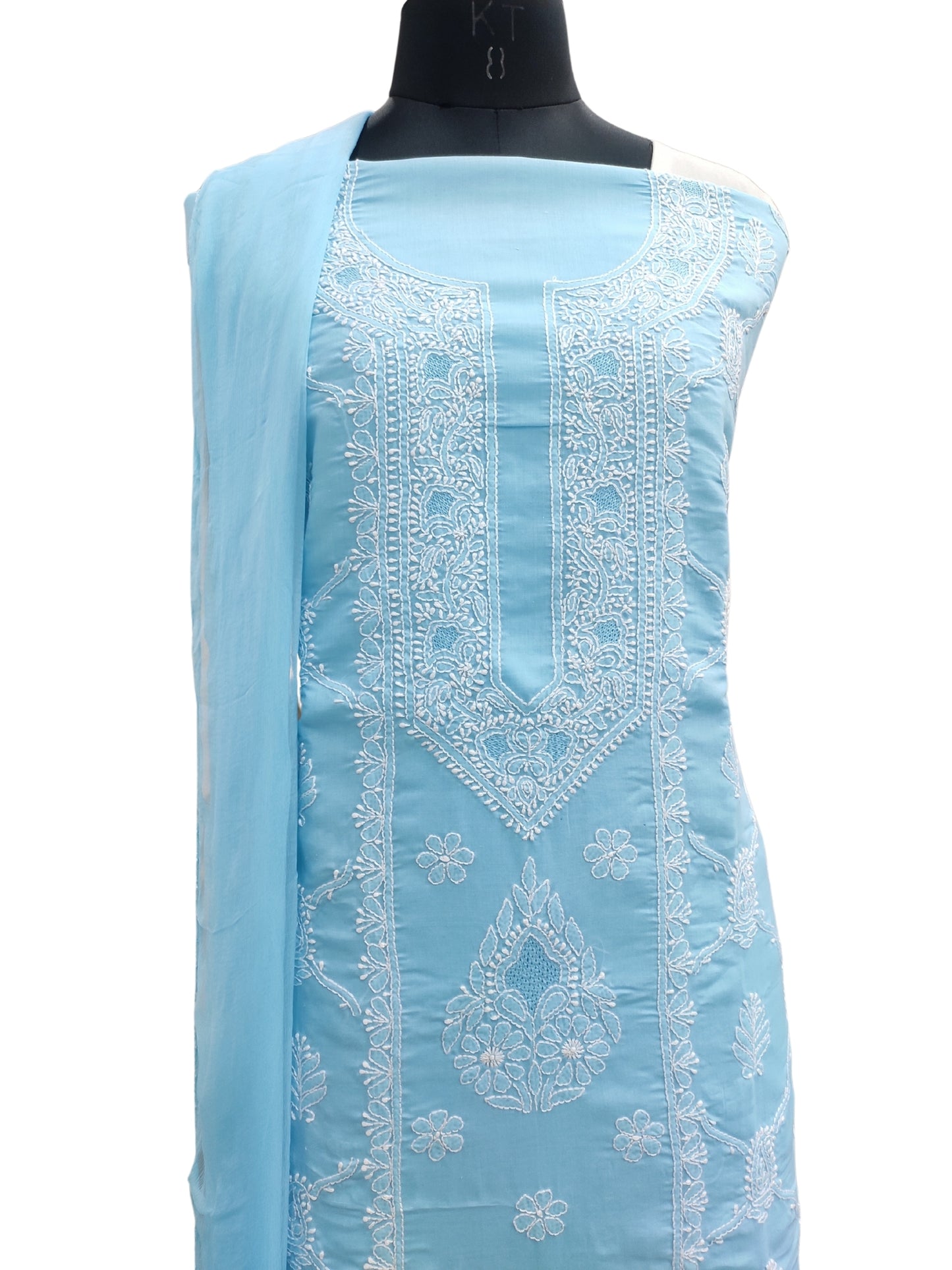 Shyamal Chikan Hand Embroidered Blue Cotton Lucknowi Chikankari Unstitched Suit Piece - S26248