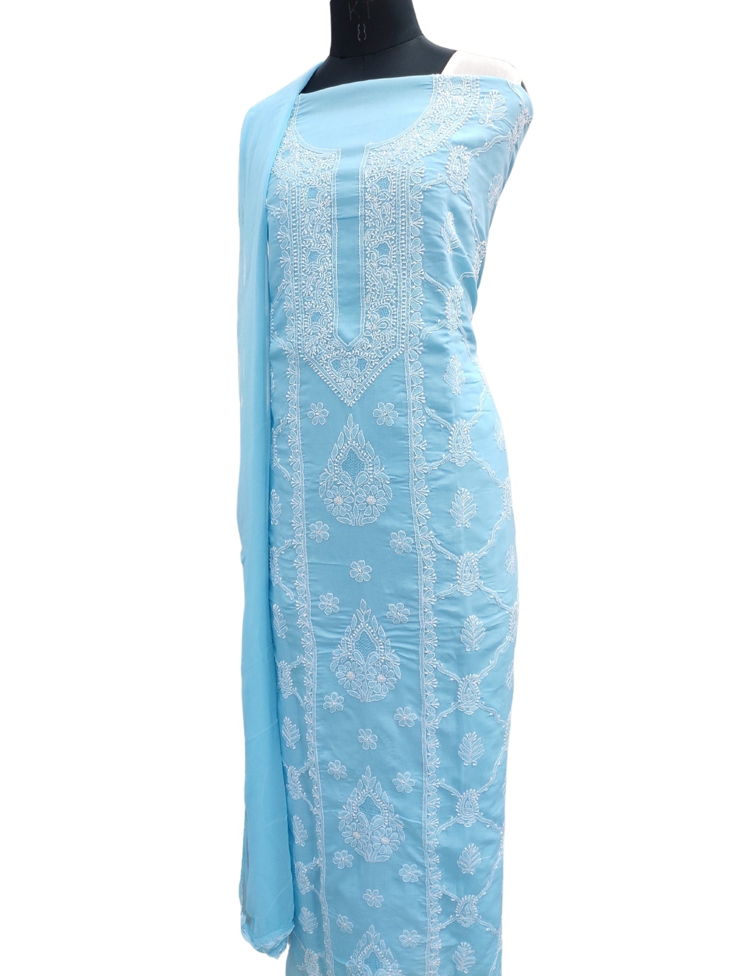 Shyamal Chikan Hand Embroidered Blue Cotton Lucknowi Chikankari Unstitched Suit Piece - S26248