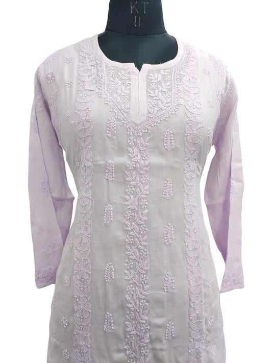 Shyamal Chikan Hand Embroidered Lavender Pure Cotton Lucknowi Chikankari Short Top- S22674