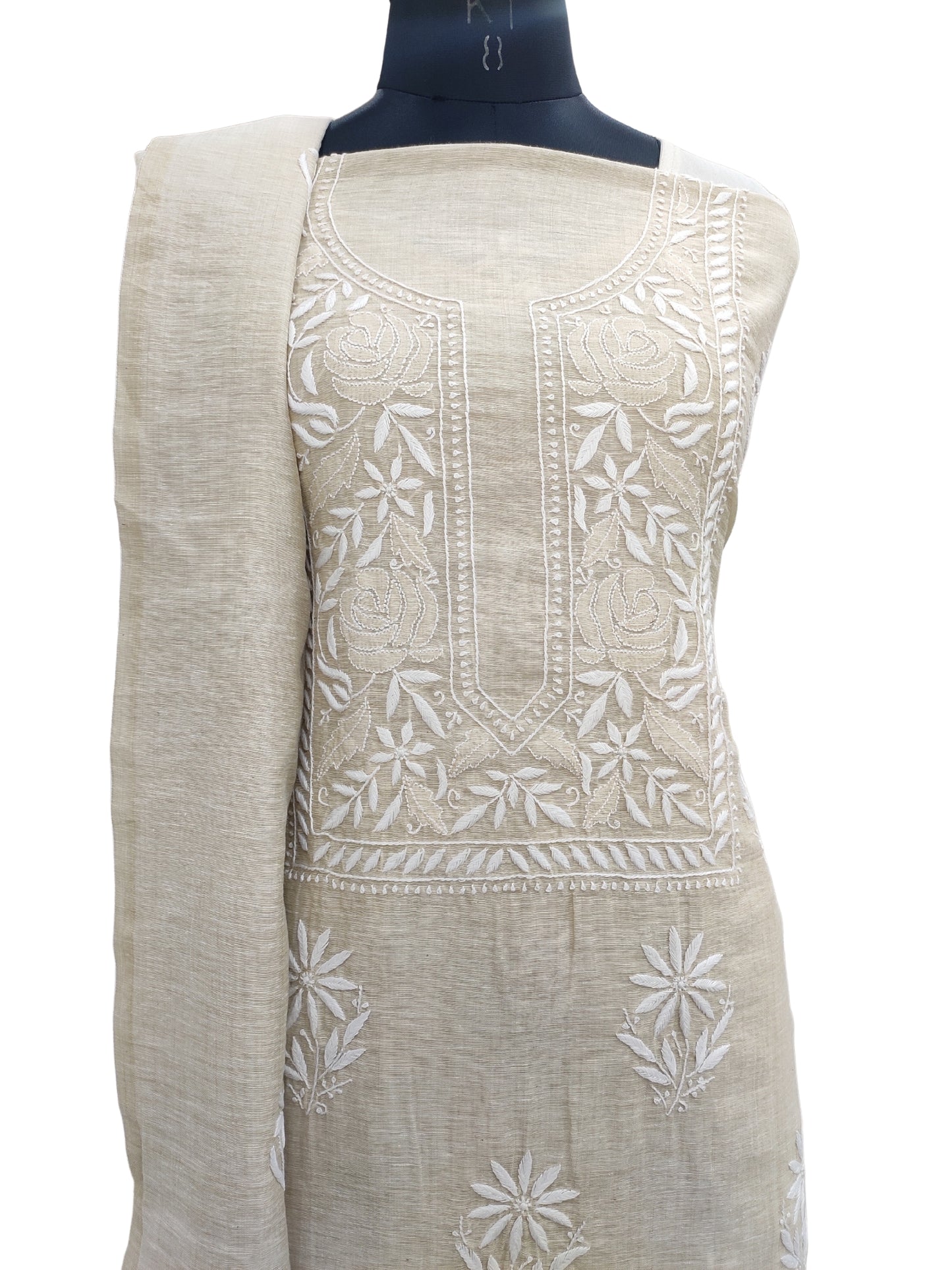 Shyamal Chikan Hand Embroidered Natural Beige Khadi Chanderi Lucknowi Chikankari Unstitched Suit Piece (Kurta Dupatta Set )- S18112