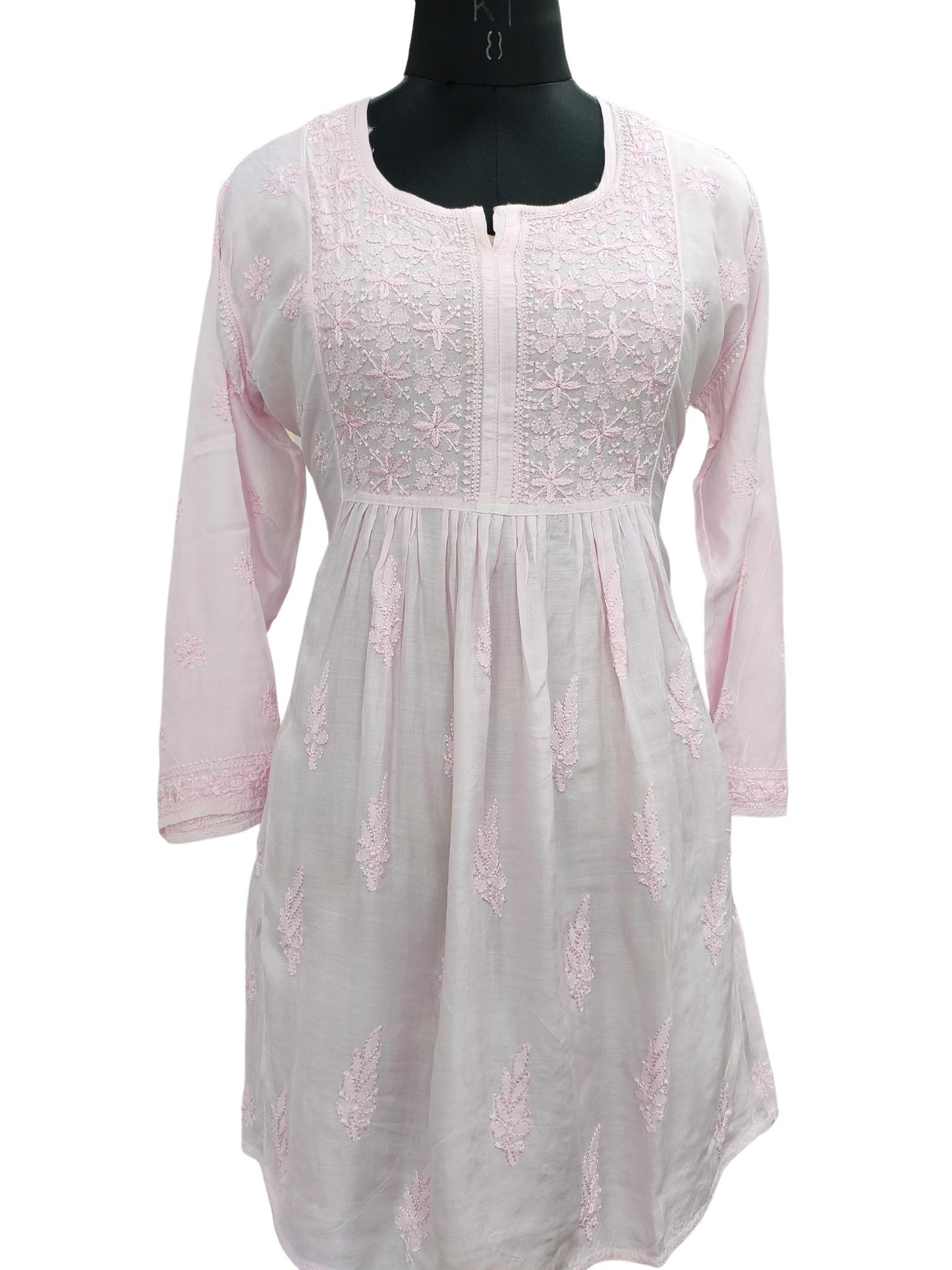 Shyamal Chikan Hand Embroidered Pink Muslin Lucknowi Chikankari Short Top - S20414