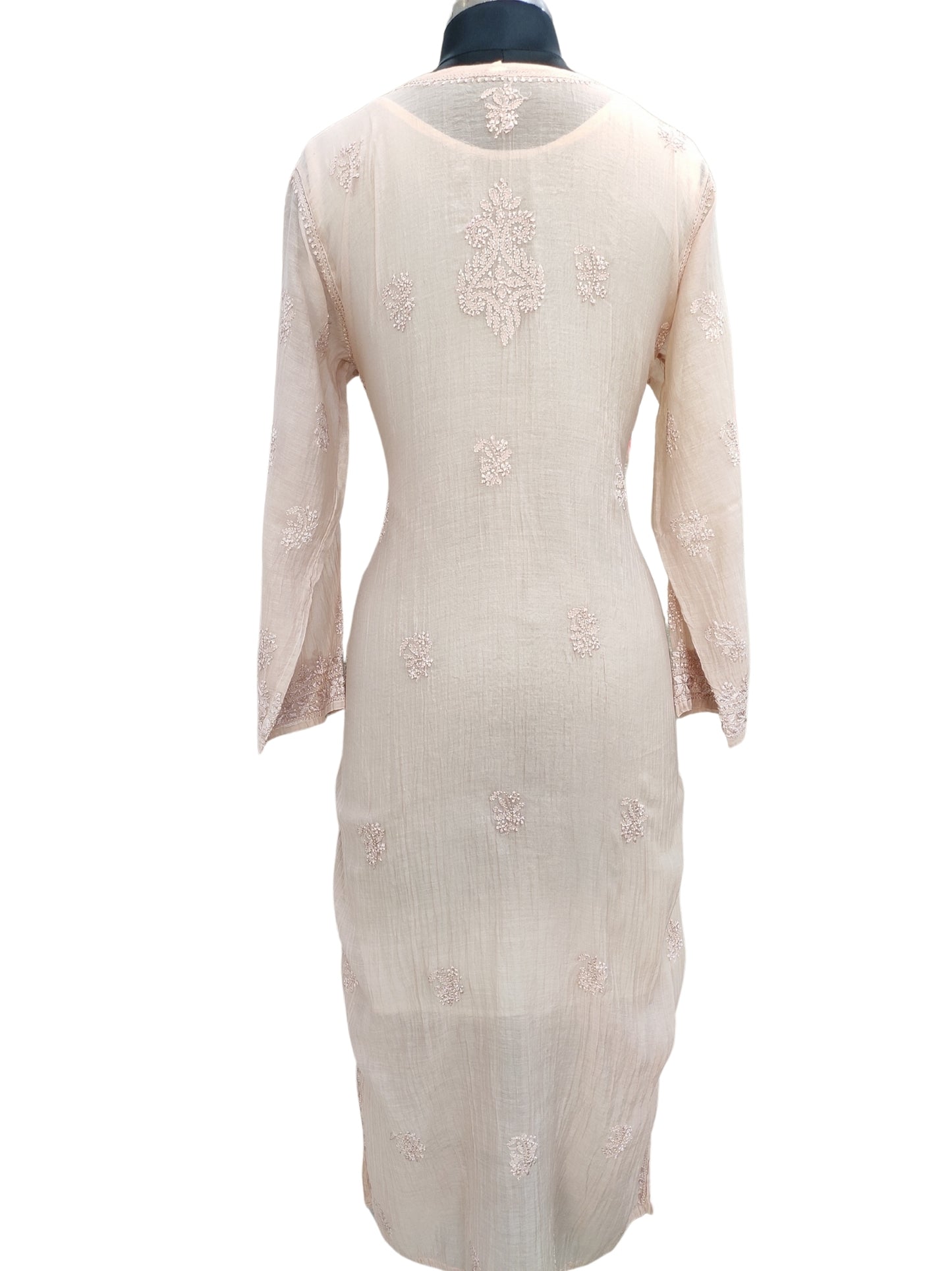 Shyamal Chikan Hand Embroidered Beige Mul Chanderi Lucknowi Chikankari Kurti - S25976