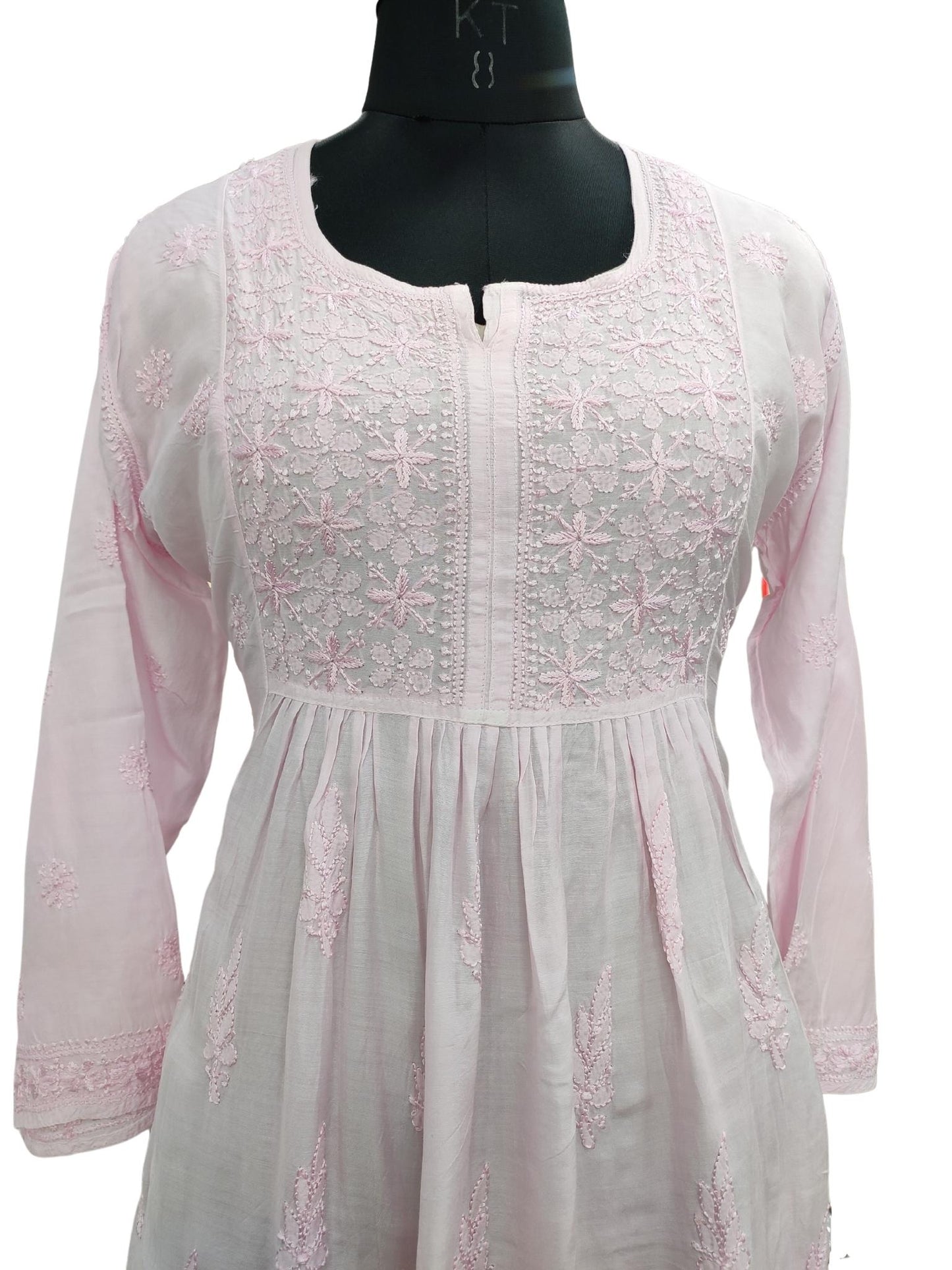 Shyamal Chikan Hand Embroidered Pink Muslin Lucknowi Chikankari Short Top - S20414