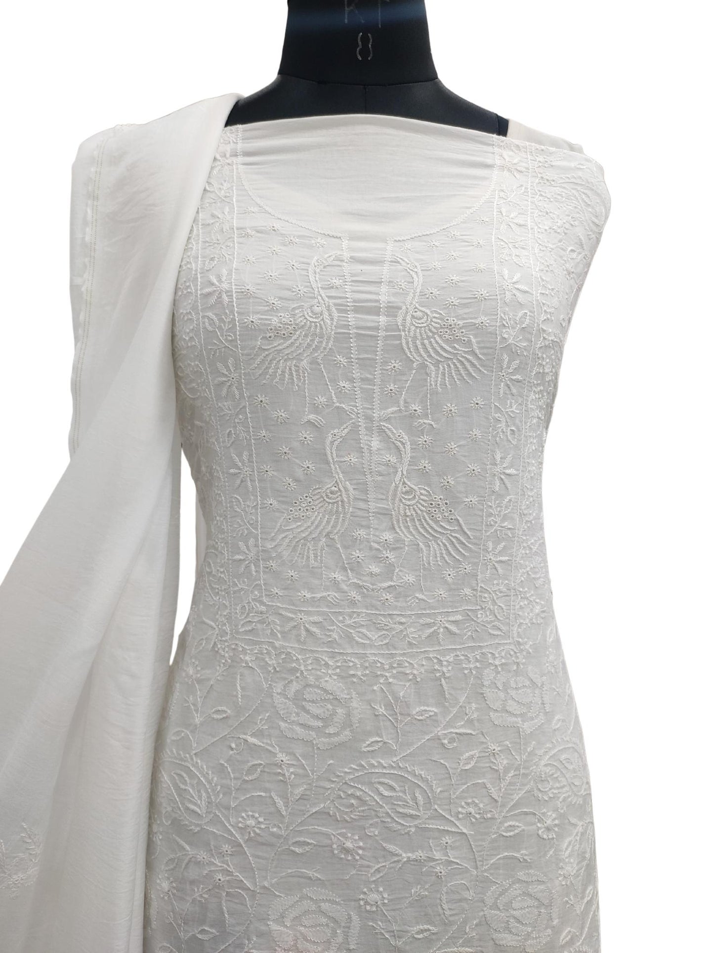 Shyamal Chikan Hand Embroidered White Mulmul Chanderi Lucknowi Chikankari Unstitched Suit Piece ( Kurta Dupatta Set ) - S20947