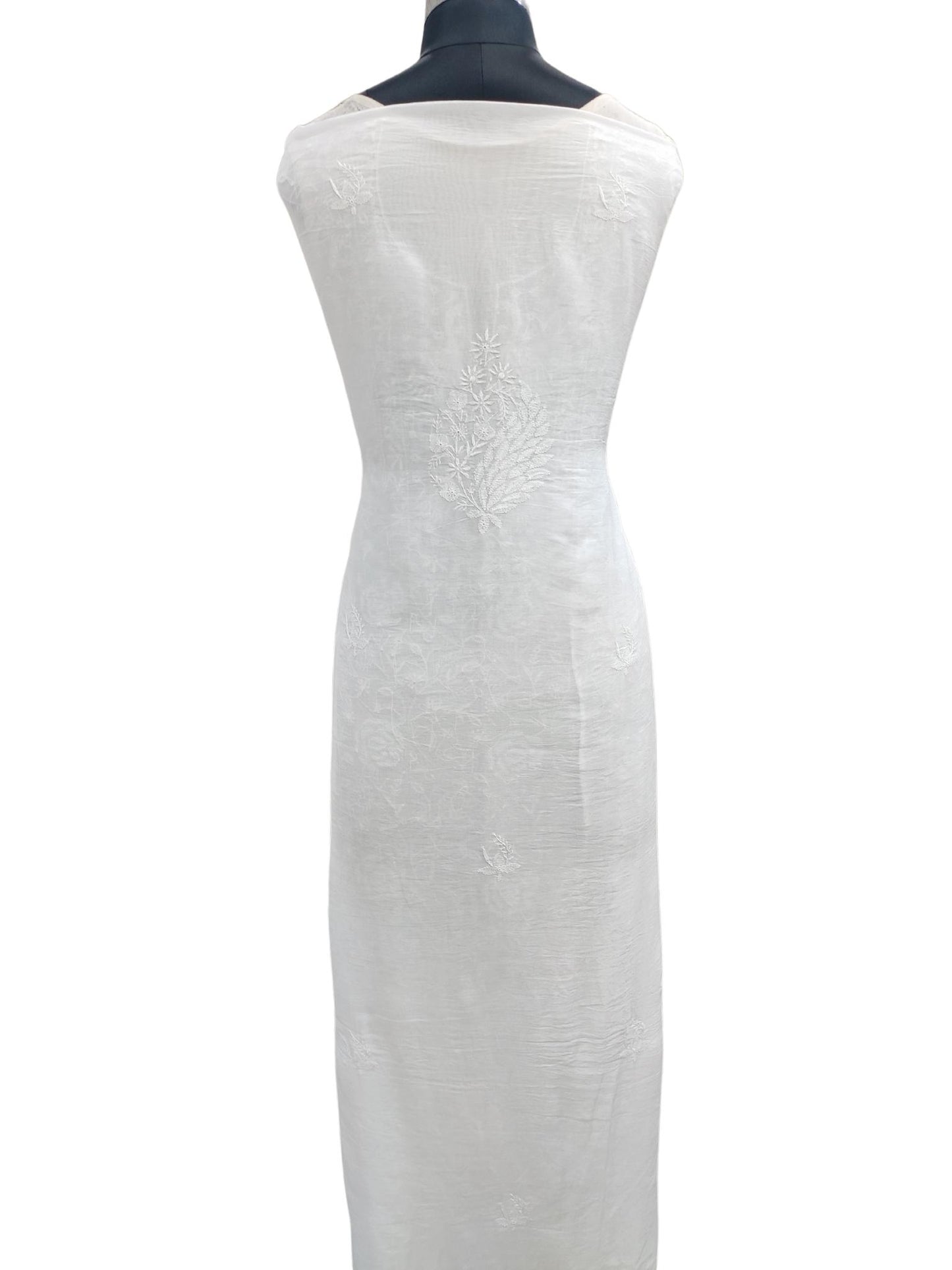 Shyamal Chikan Hand Embroidered White Mulmul Chanderi Lucknowi Chikankari Unstitched Suit Piece ( Kurta Dupatta Set ) - S20947