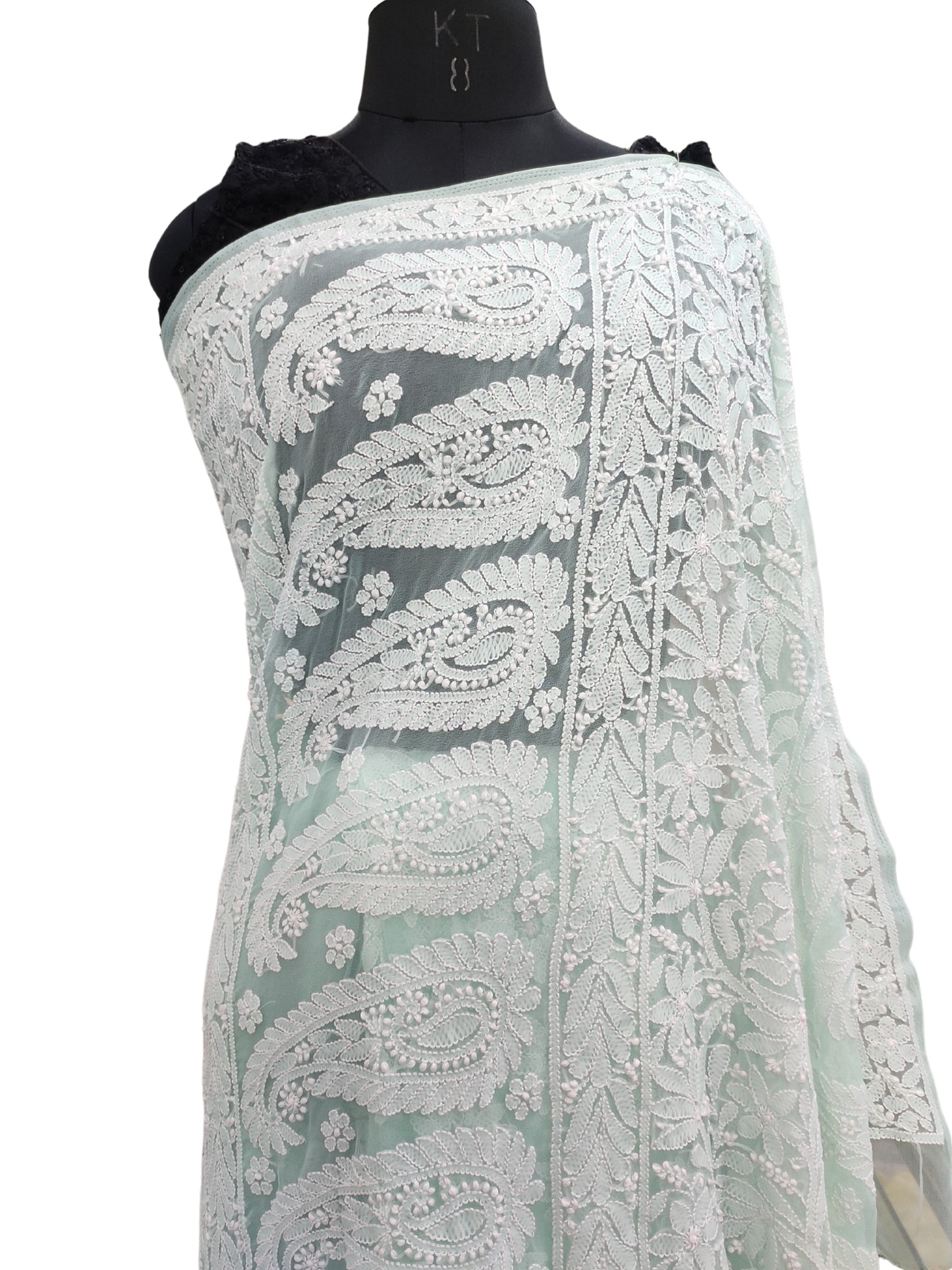 Shyamal Chikan Hand Embroidered Sea Green Georgette Lucknowi Chikankari Shoulder Jaal Saree With Blouse Piece - S26278