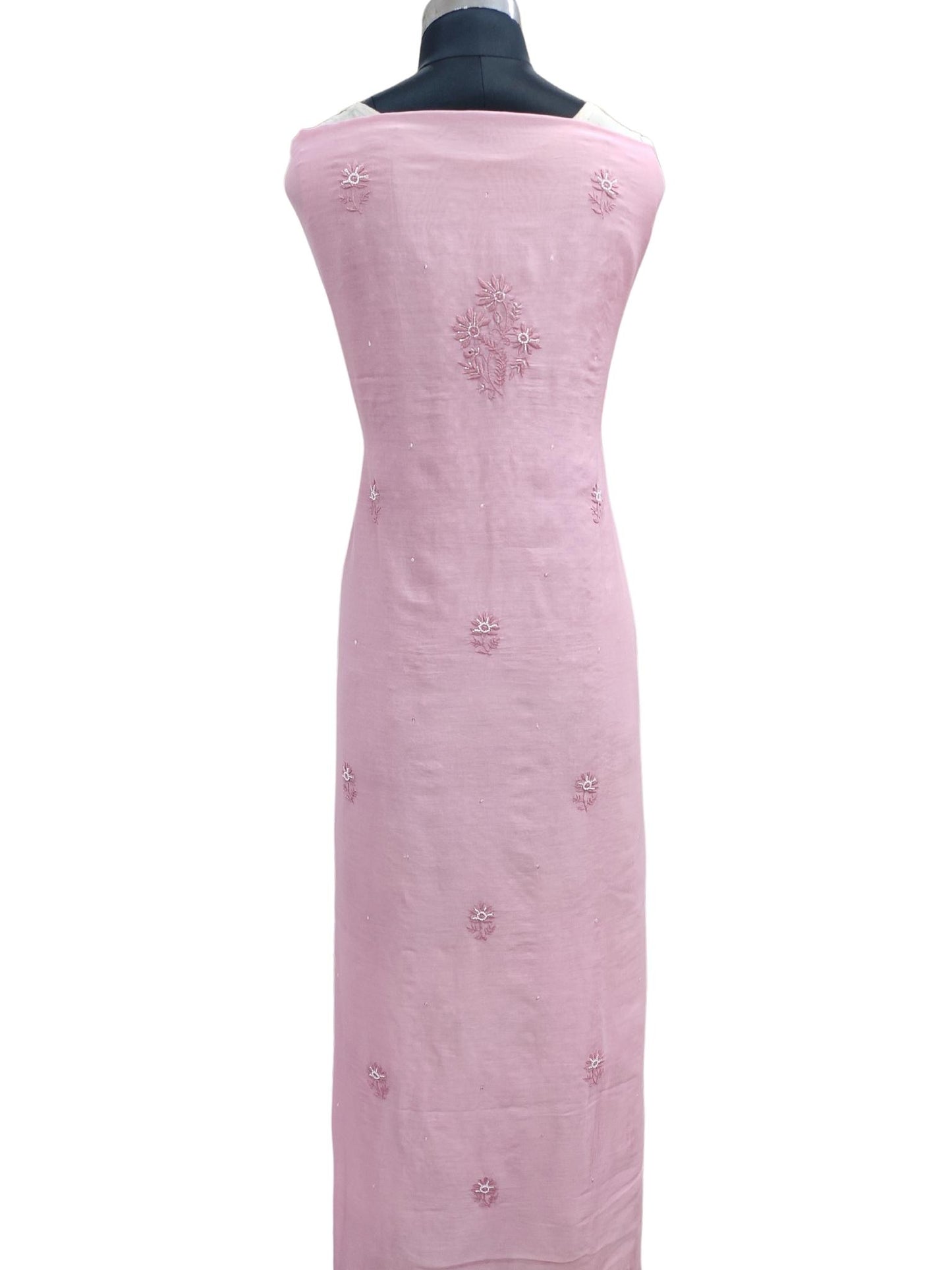 Shyamal Chikan Hand Embroidered Pink Chanderi Lucknowi Chikankari Unstitched Suit Piece with Pearl & Sequin Work (Kurta Dupatta Set) - S19389