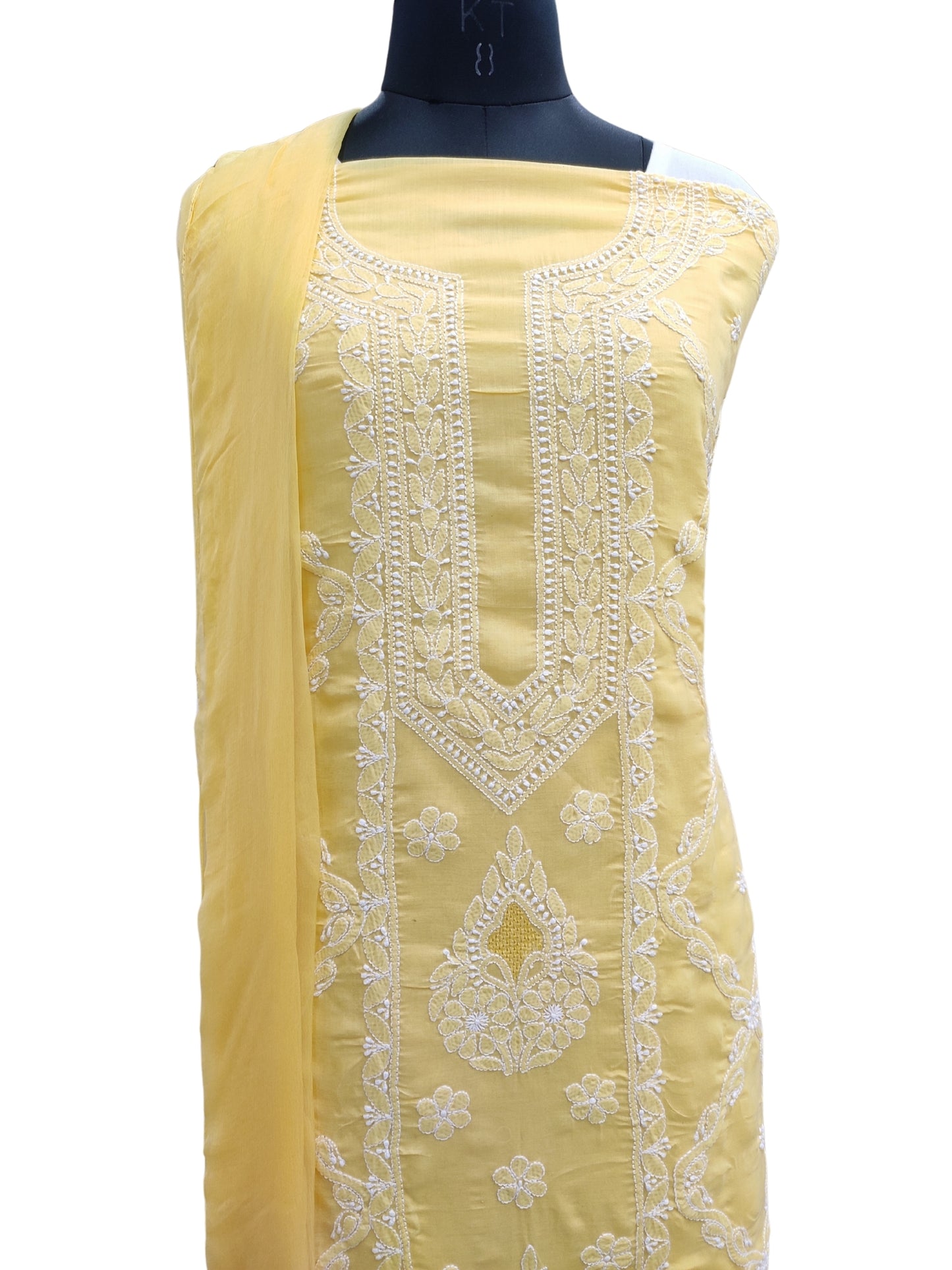 Shyamal Chikan Hand Embroidered Yellow Cotton Lucknowi Chikankari Unstitched Suit Piece - S26251