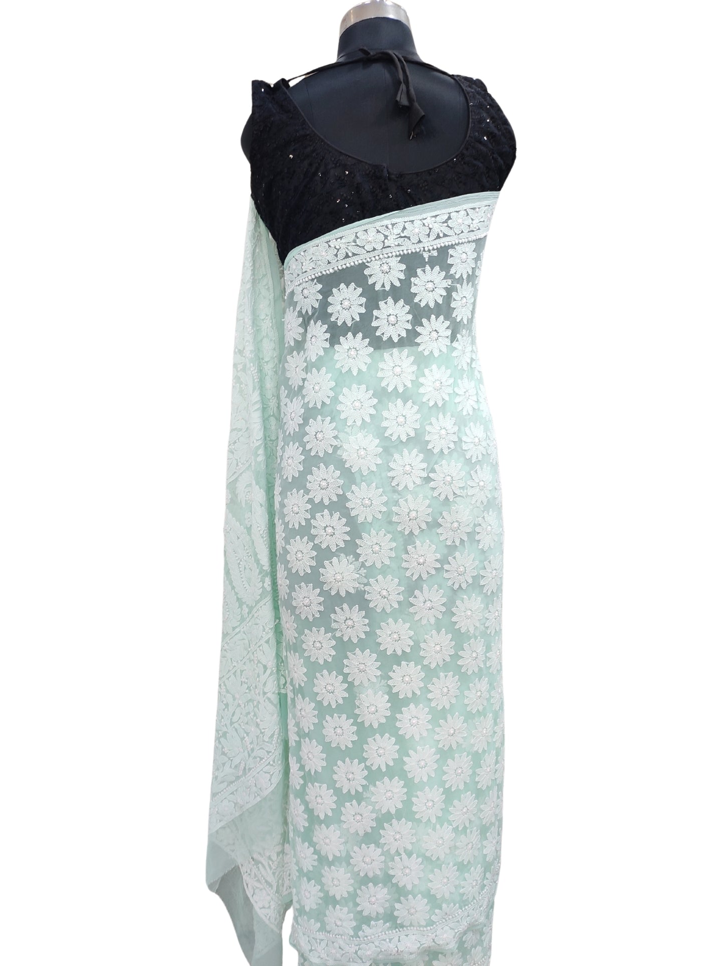 Shyamal Chikan Hand Embroidered Sea Green Georgette Lucknowi Chikankari Shoulder Jaal Saree With Blouse Piece - S26278