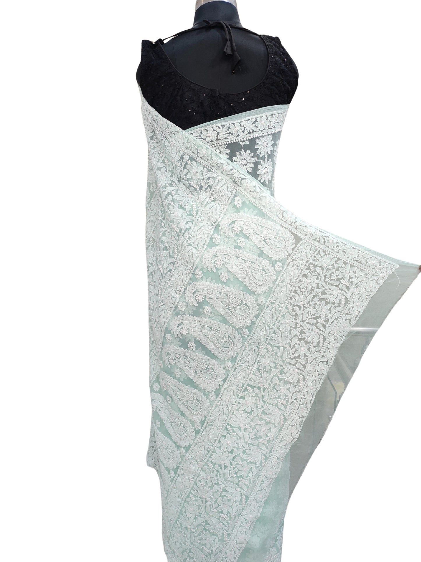 Shyamal Chikan Hand Embroidered Sea Green Georgette Lucknowi Chikankari Shoulder Jaal Saree With Blouse Piece - S26278