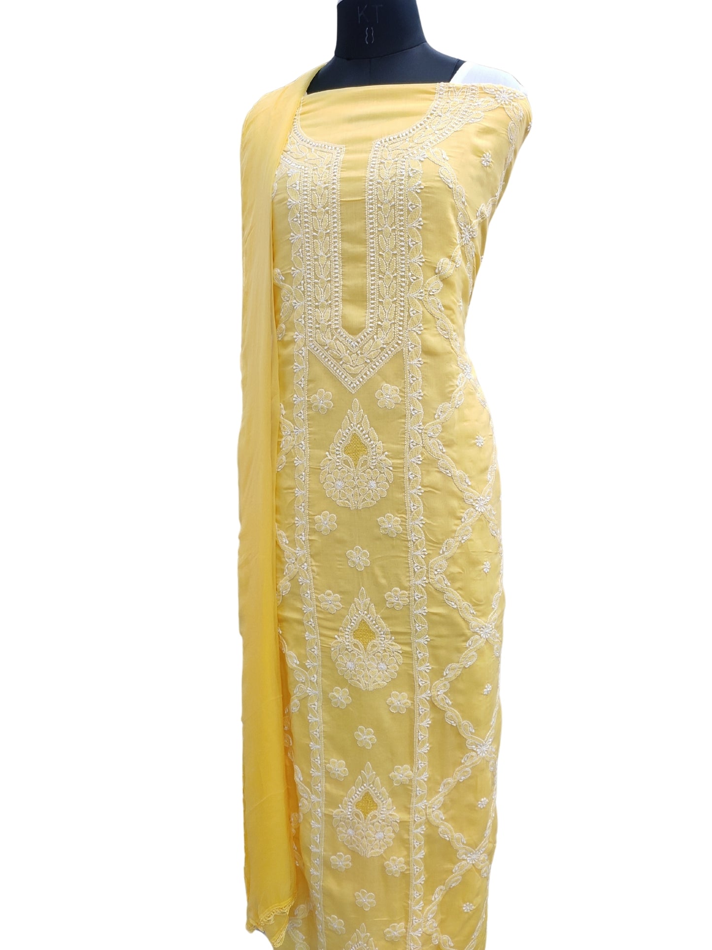 Shyamal Chikan Hand Embroidered Yellow Cotton Lucknowi Chikankari Unstitched Suit Piece - S26251