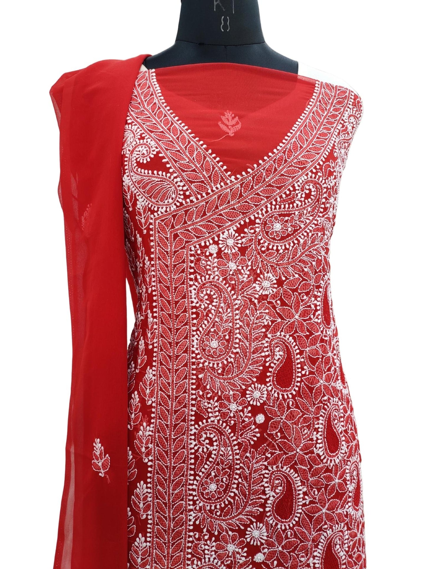 Shyamal Chikan Hand Embroidered Red High Quality Georgette Lucknowi Chikankari Unstitched Suit Piece With Heavy Dupatta And Jaali Work - S20246