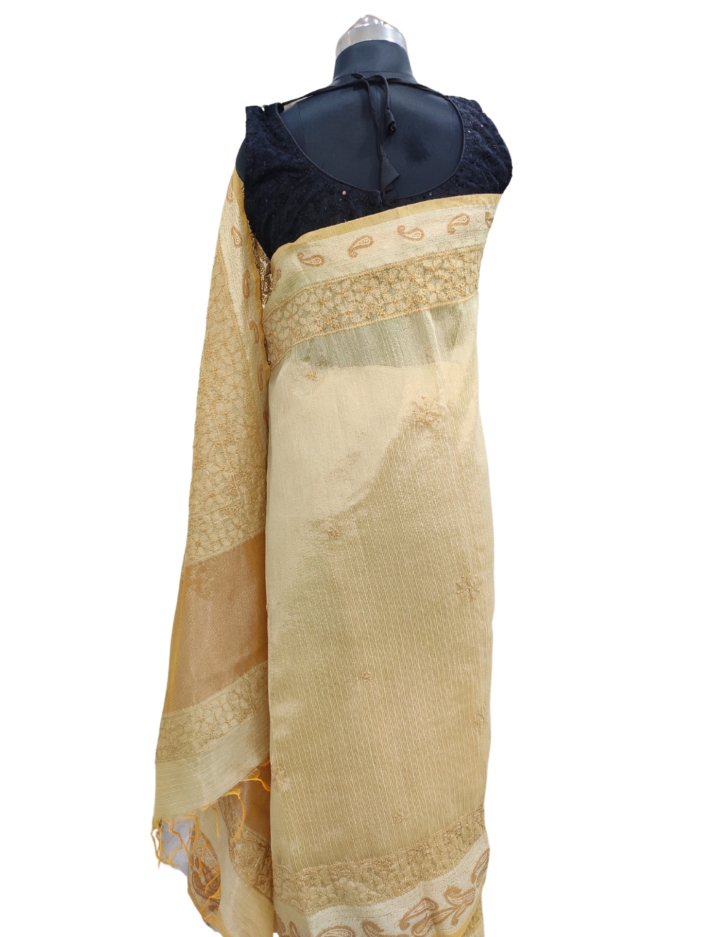 Shyamal Chikan Hand Embroidered Yellow Banarasi Tissue Lucknowi Chikankari Saree With Blouse Piece- S26336