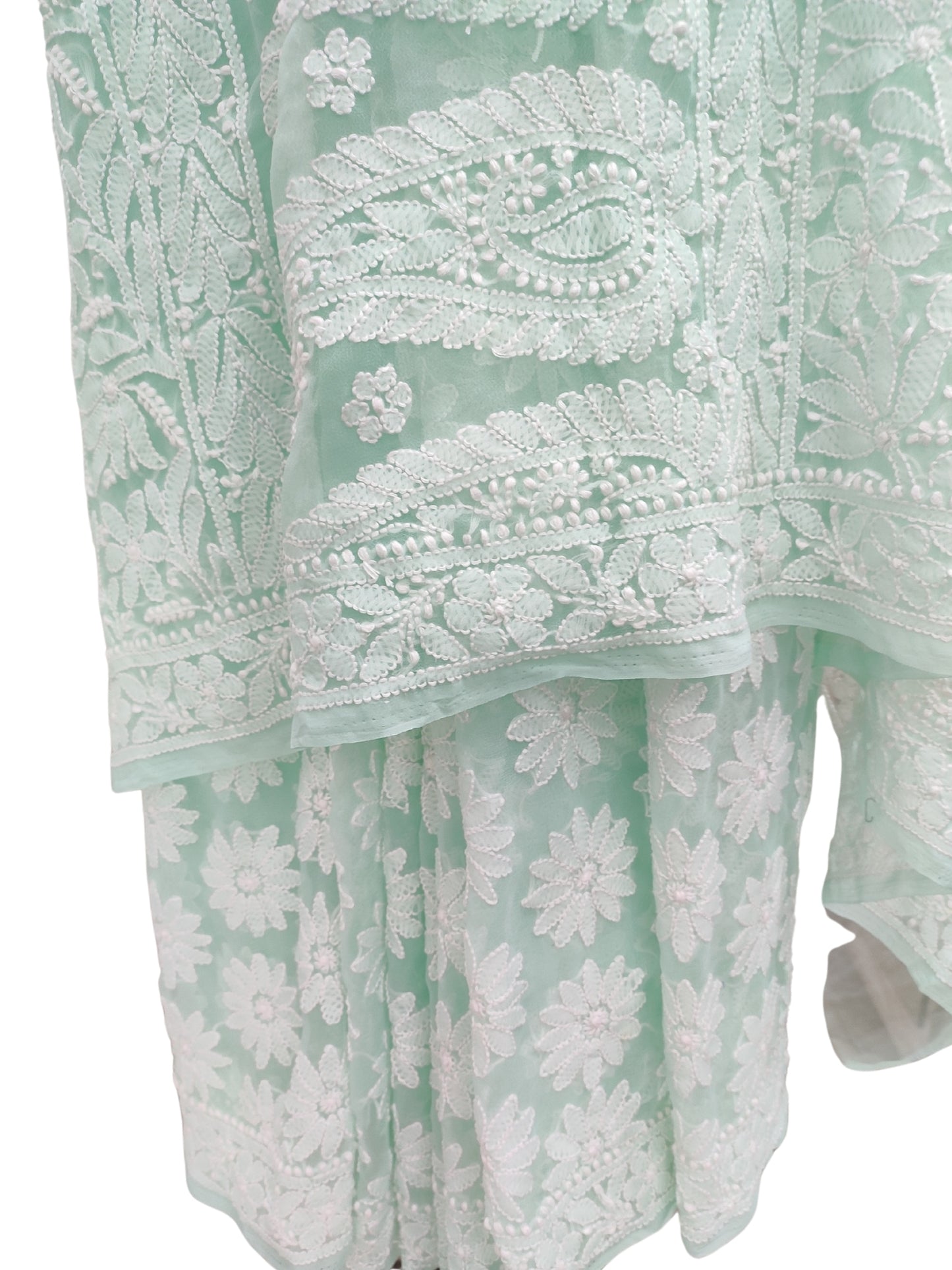 Shyamal Chikan Hand Embroidered Sea Green Georgette Lucknowi Chikankari Shoulder Jaal Saree With Blouse Piece - S26278