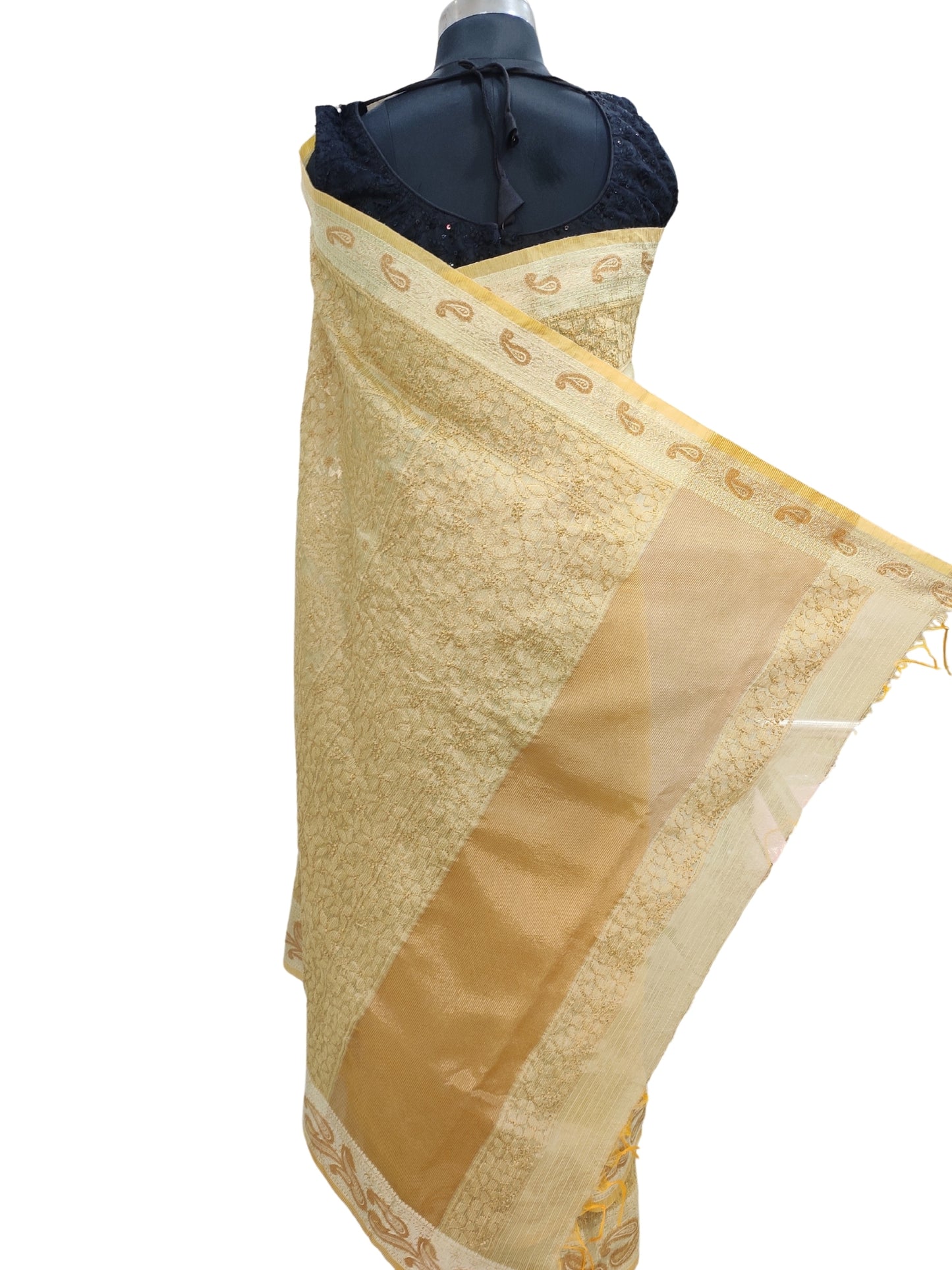 Shyamal Chikan Hand Embroidered Yellow Banarasi Tissue Lucknowi Chikankari Saree With Blouse Piece- S26336