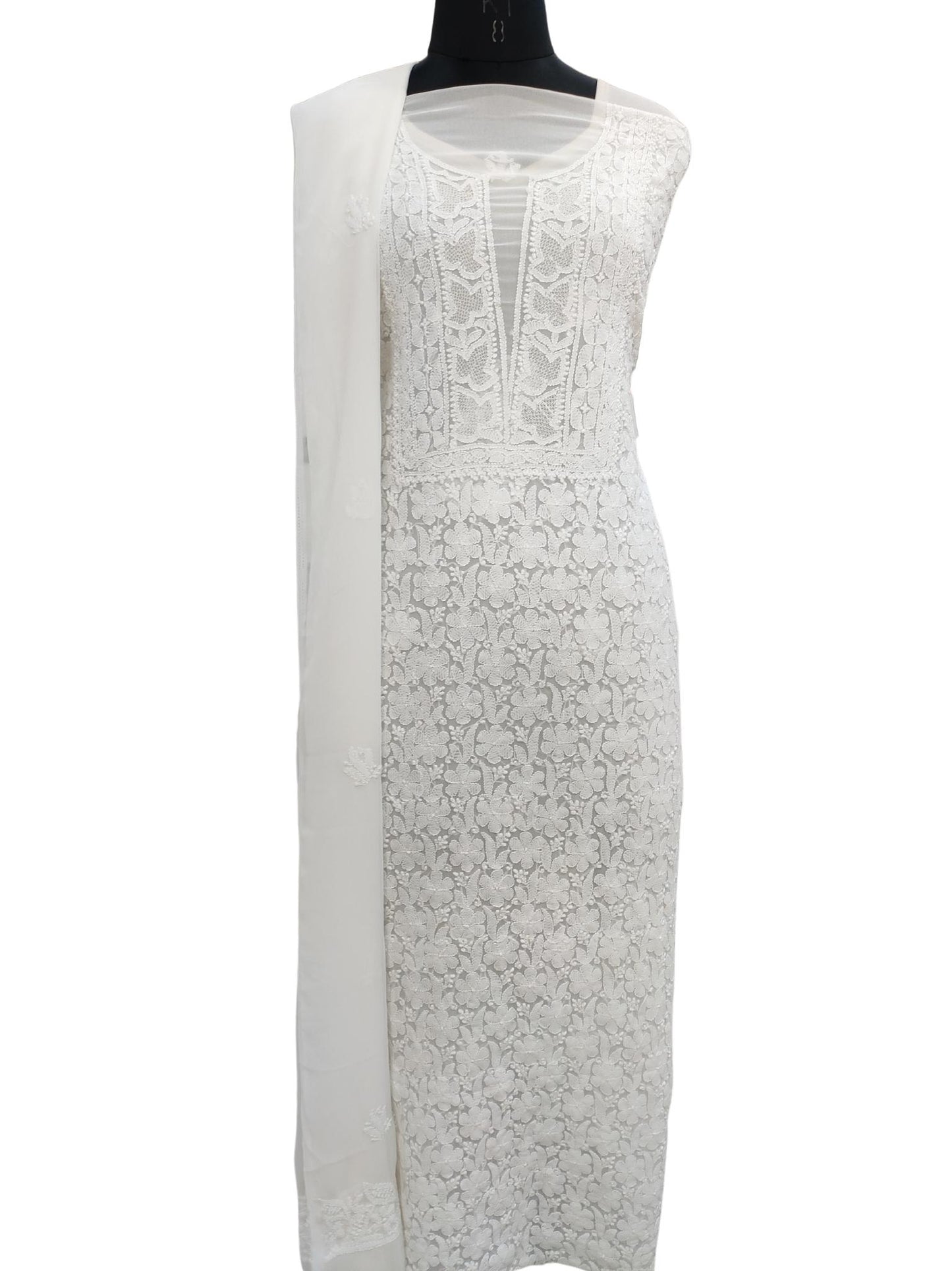 Shyamal Chikan Hand Embroidered White High Quality Georgette Lucknowi Chikankari Unstitched Suit Piece With Heavy Dupatta - S20249
