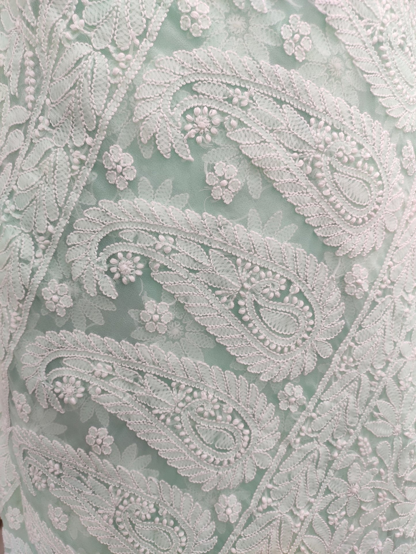 Shyamal Chikan Hand Embroidered Sea Green Georgette Lucknowi Chikankari Shoulder Jaal Saree With Blouse Piece - S26278