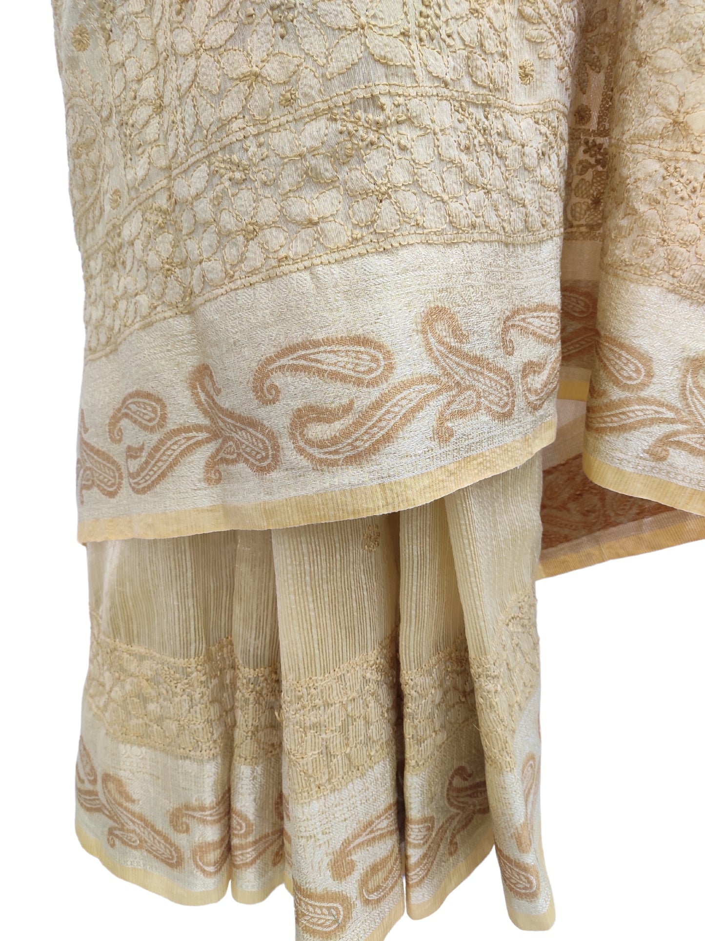 Shyamal Chikan Hand Embroidered Yellow Banarasi Tissue Lucknowi Chikankari Saree With Blouse Piece- S26336
