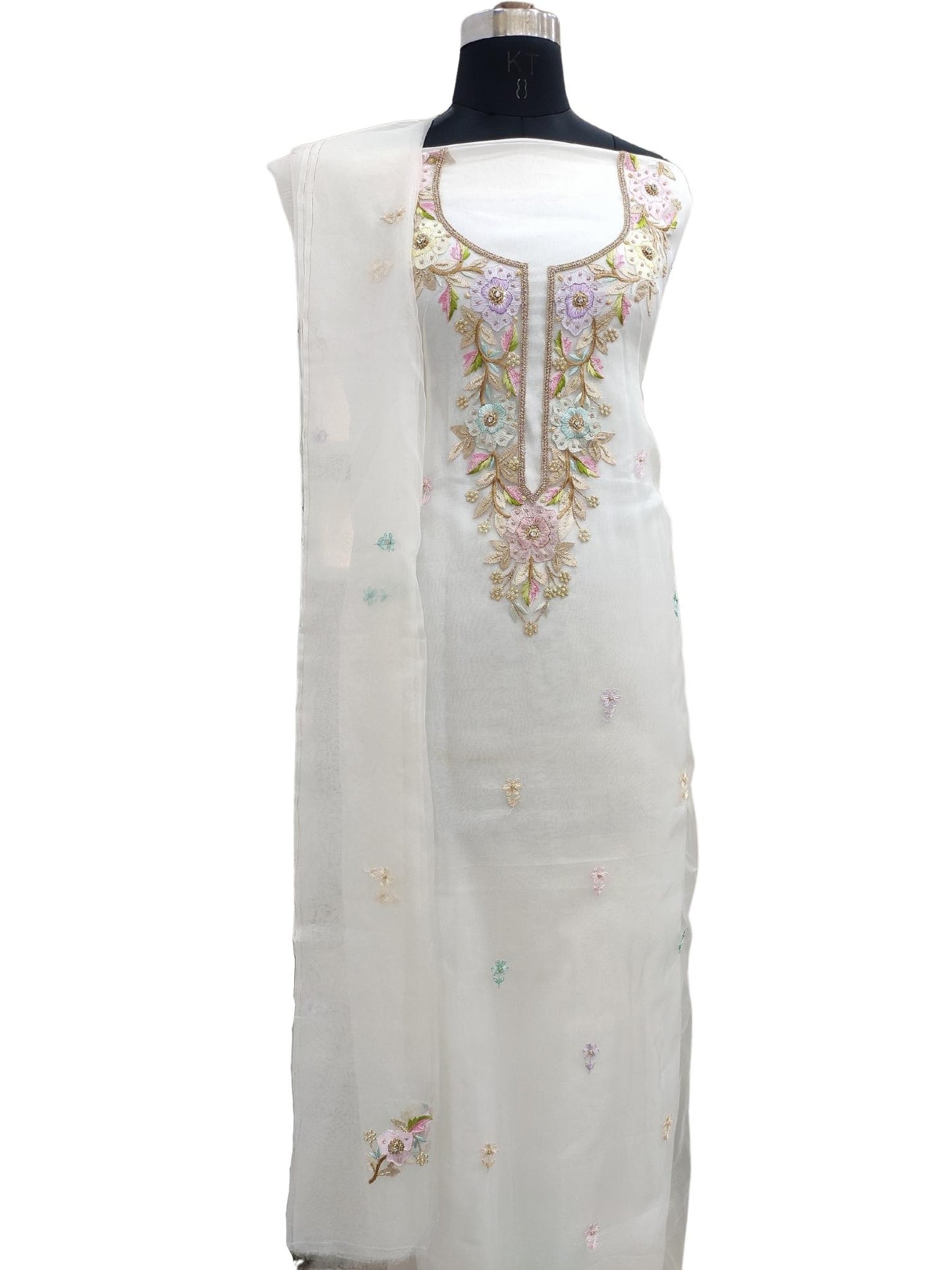 Shyamal Chikan Hand Embroidered White Organza Lucknowi Chikankari Unstitched Suit Piece ( Set of 2 ) With Pearl Work - S20872