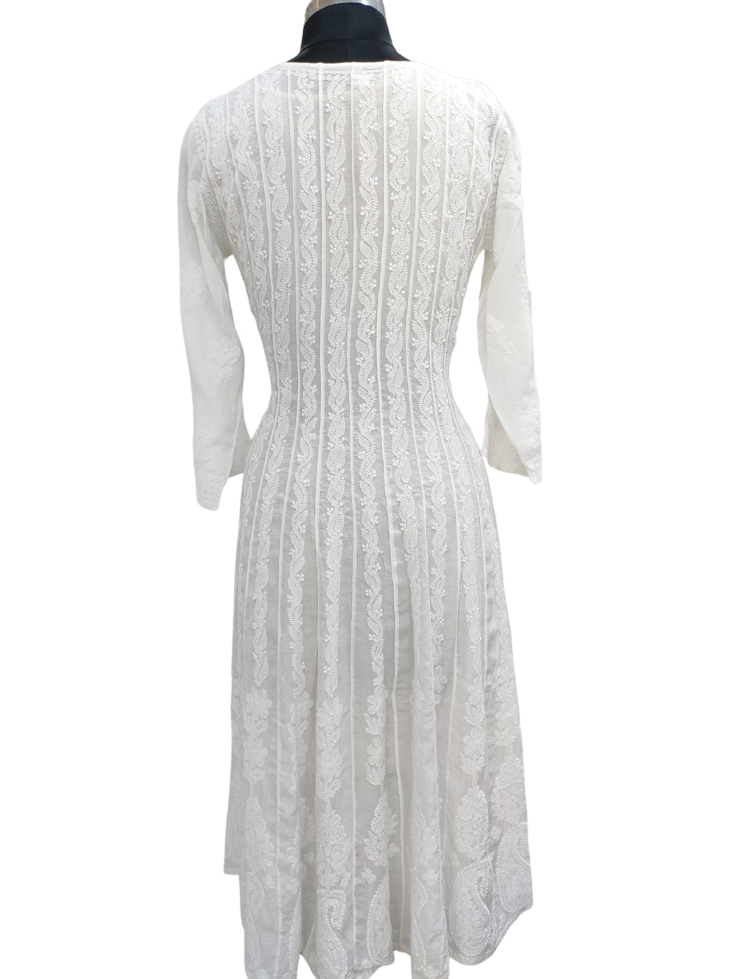 Shyamal Chikan Hand Embroidered White Muslin Lucknowi Chikankari Anarkali - S26553