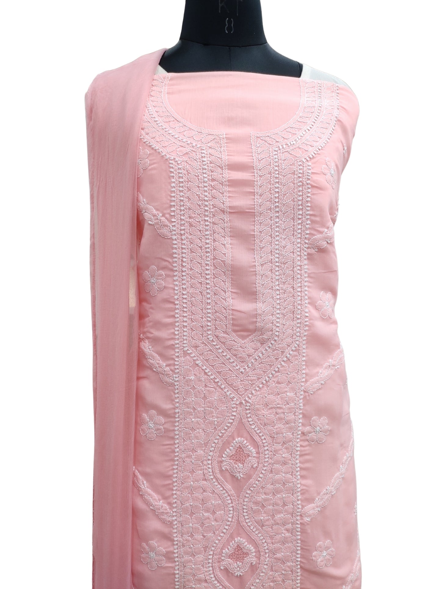 Shyamal Chikan Hand Embroidered Peach Cotton Lucknowi Chikankari Unstitched Suit Piece - S26258