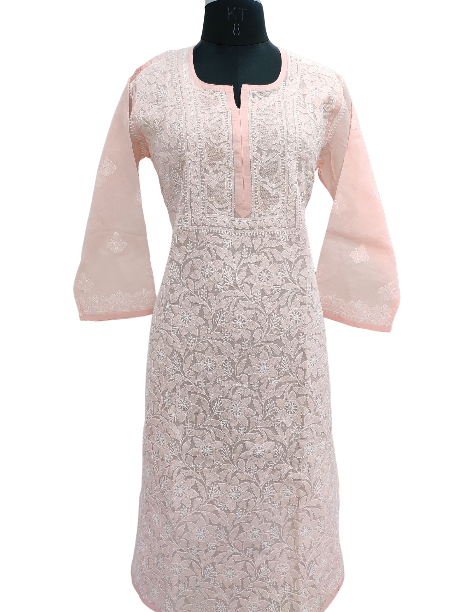 Shyamal Chikan Hand Embroidered Peach Cotton Lucknowi Chikankari Kurti