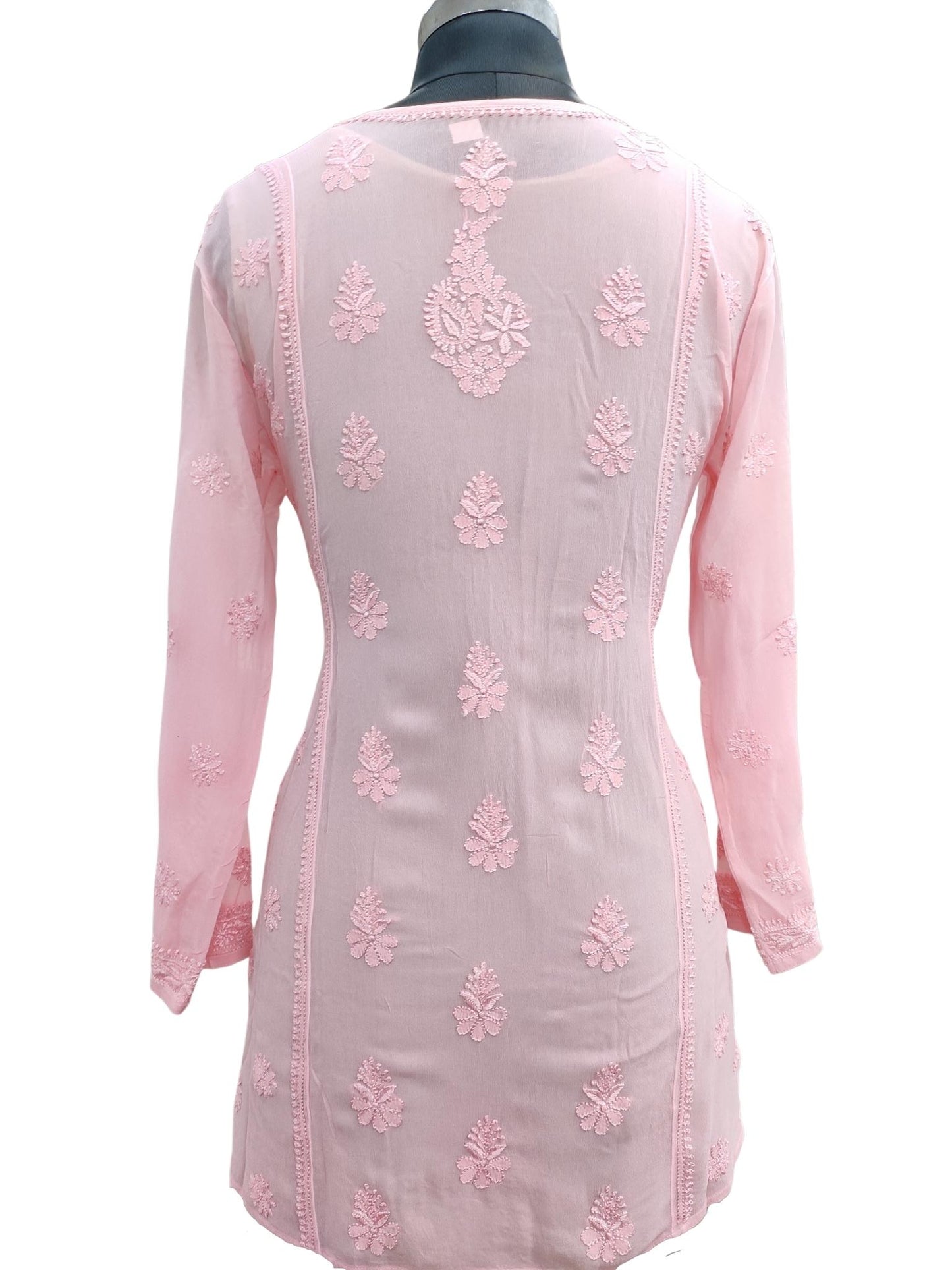 Shyamal Chikan Hand Embroidered Pink Viscose Georgette Lucknowi Chikankari Short Top - S20323