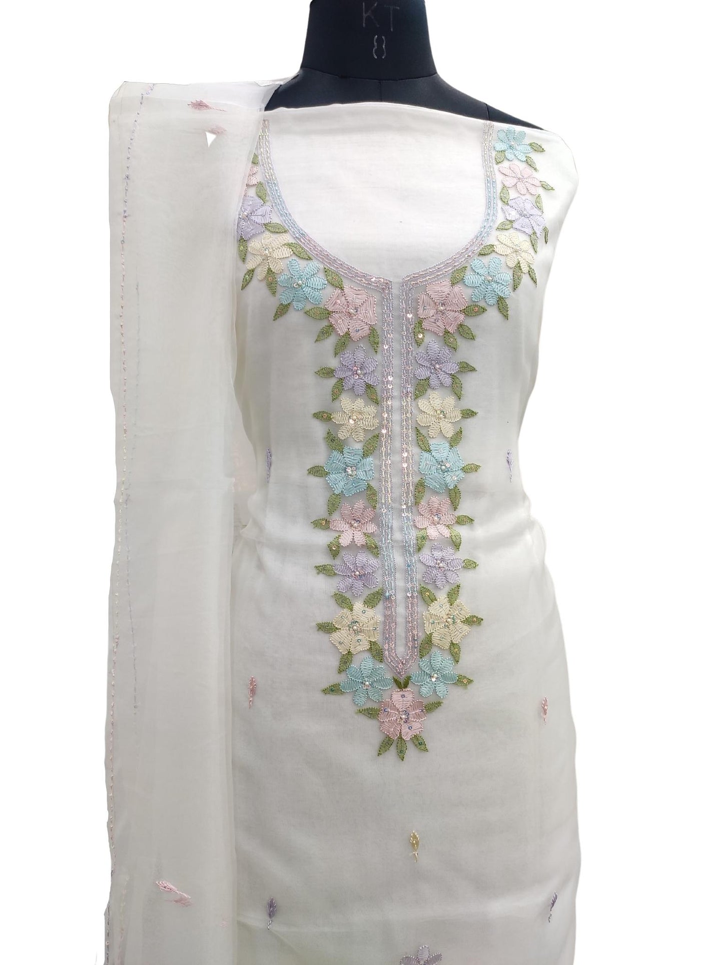 Shyamal Chikan Hand Embroidered White Organza Lucknowi Chikankari Unstitched Suit Piece ( Kurta Dupatta Set ) With Pearl and Sequin Work - S20874