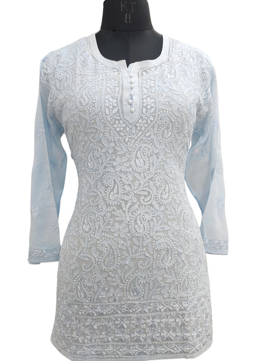 Shyamal Chikan Hand Embroidered Blue Viscose Georgette Lucknowi Chikankari Short Top S22808