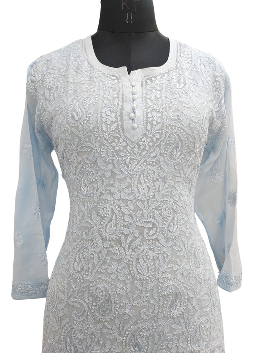 Shyamal Chikan Hand Embroidered Blue Viscose Georgette Lucknowi Chikankari Short Top S22808
