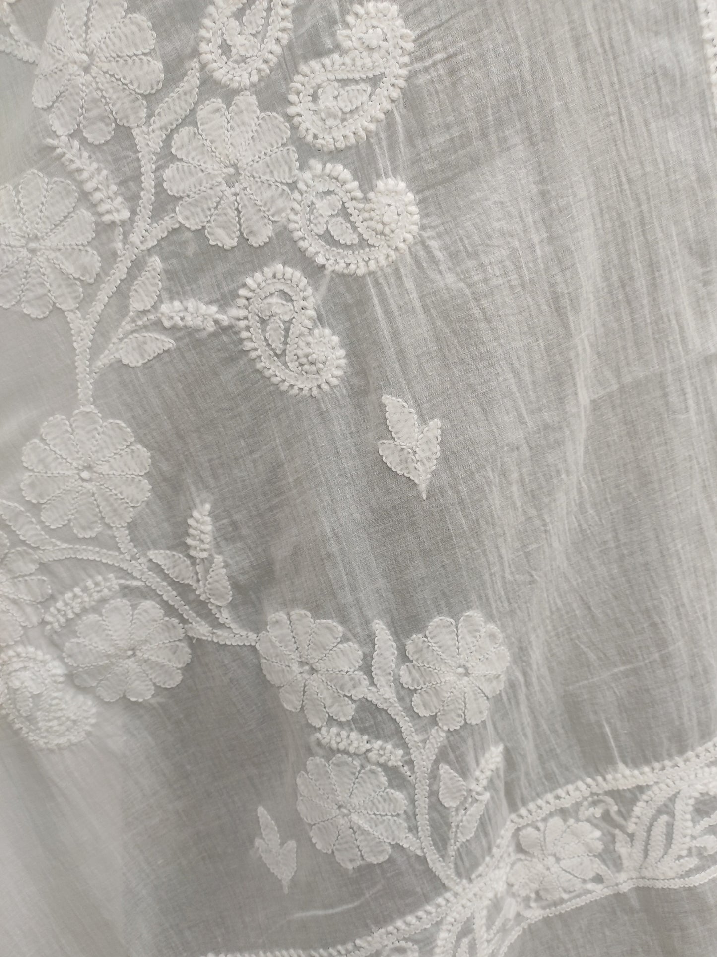 Shyamal Chikan Hand Embroidered White Malmal Cotton Lucknowi Chikankari Dupatta - S26790