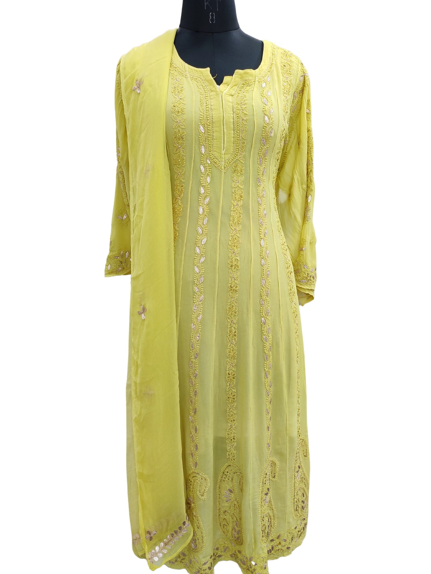 Shyamal Chikan Hand Embroidered Green Viscose Georgette Lucknowi Chikankari Semi-Stitched Anarkali With Gotta Patti Work - S9634