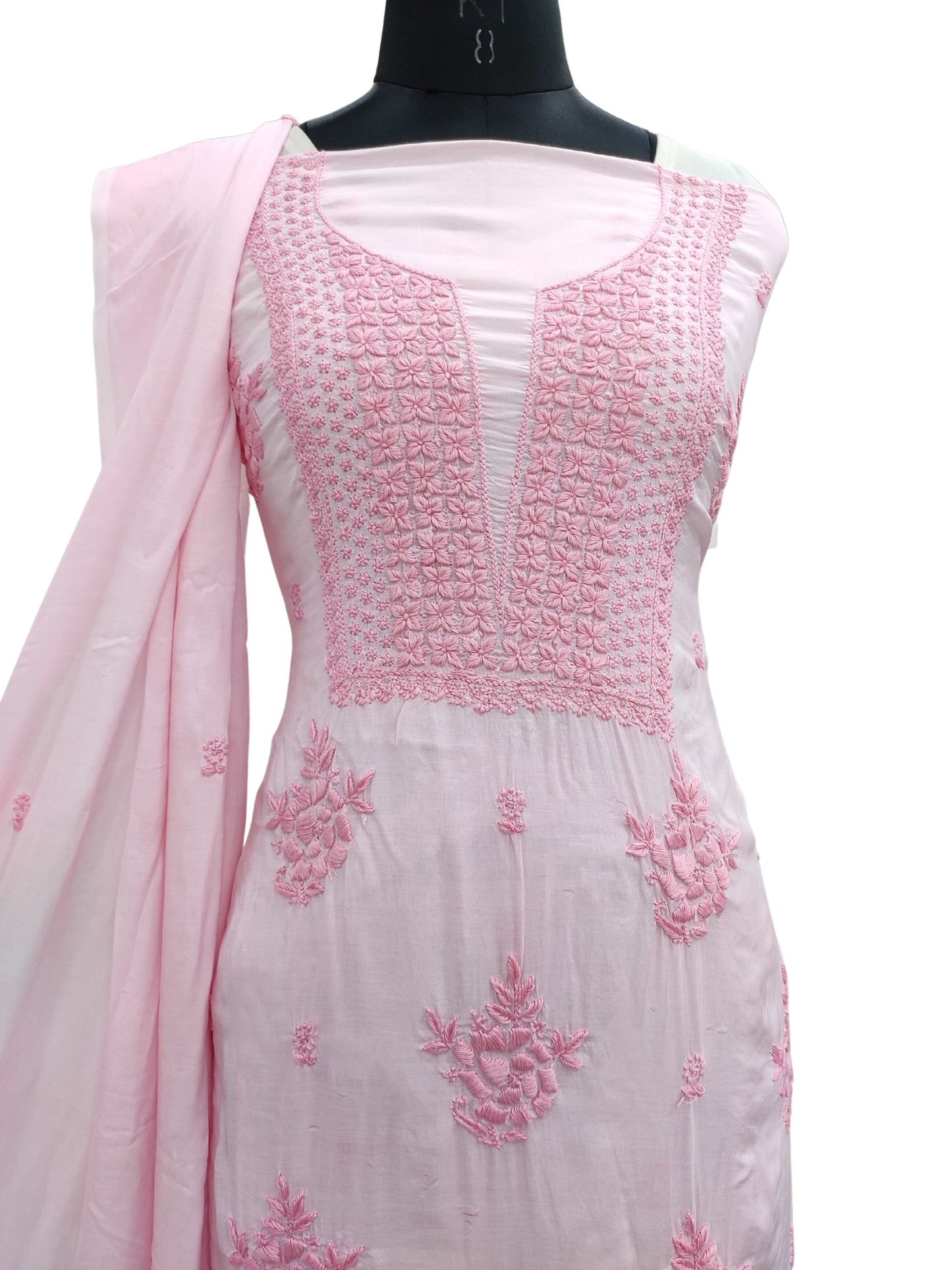Shyamal Chikan Hand Embroidered Pink Muslin Lucknowi Chikankari Unstitched Suit Piece ( Kurta Dupatta Set ) - S18155