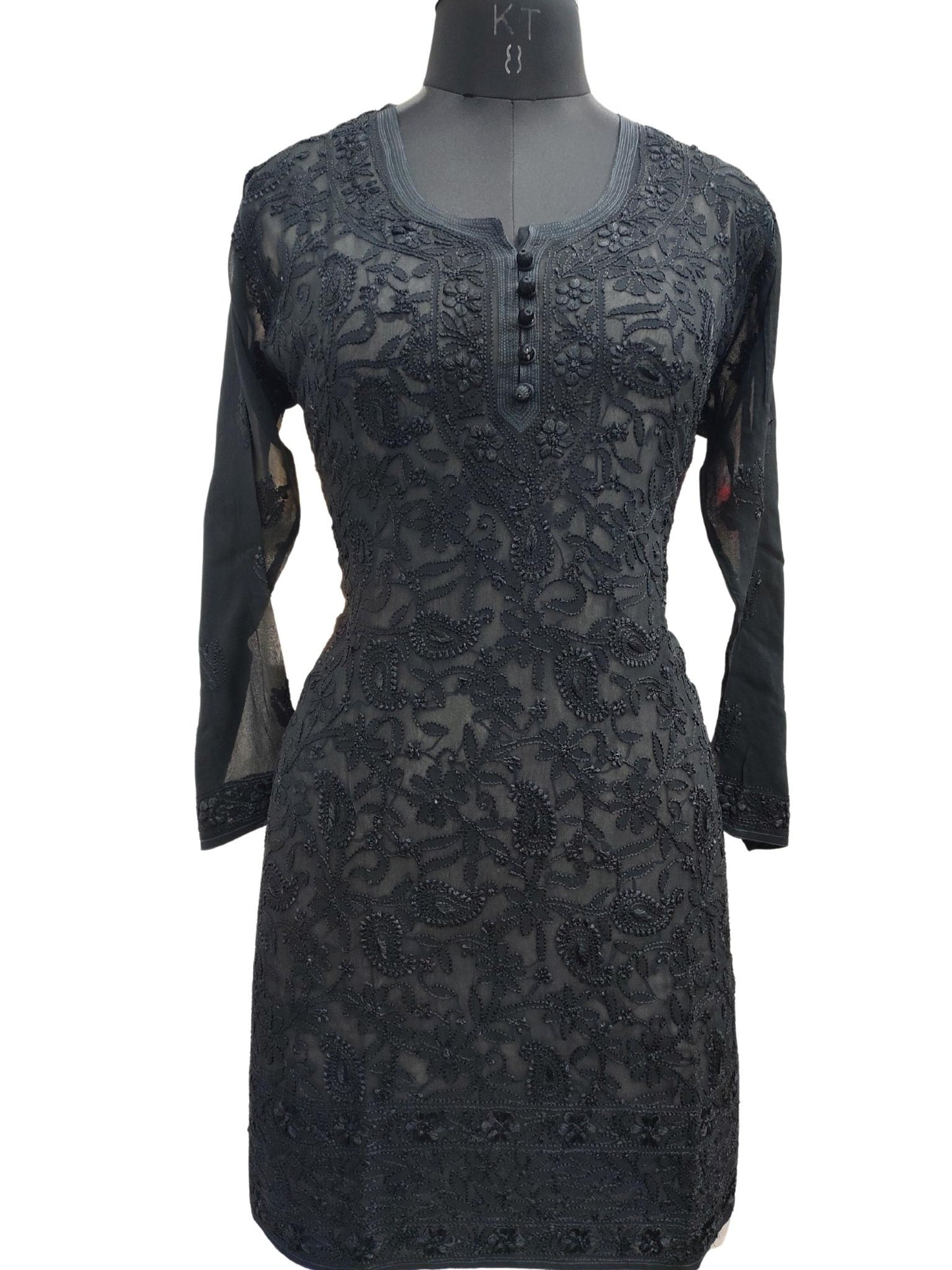 Shyamal Chikan Hand Embroidered Black Viscose Georgette Lucknowi Chikankari Short Top - S20376