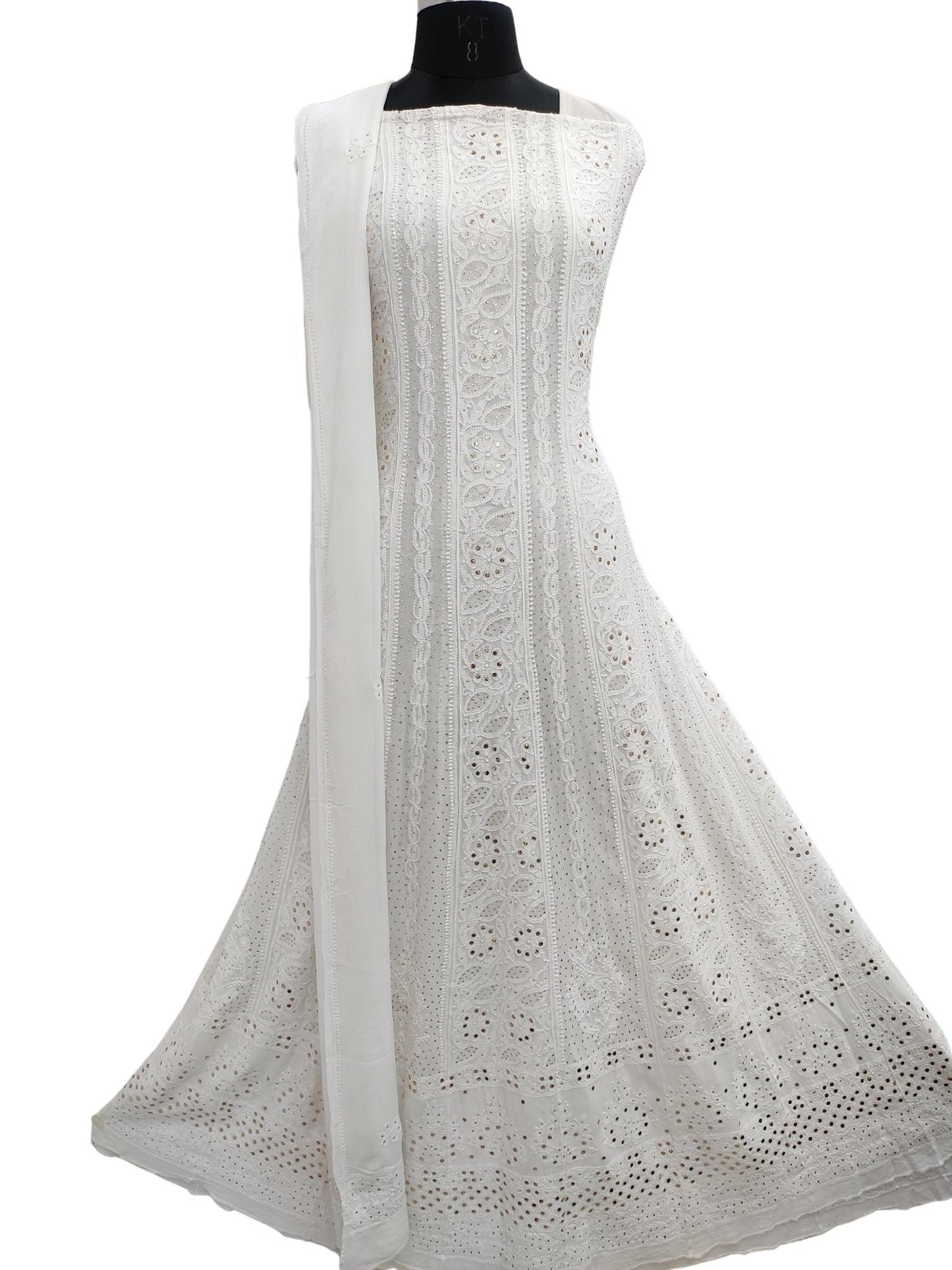 Hand Embroidered White HQ Viscose Georgette Lucknowi Chikankari Unstitched Anarkali (Set of 2) With Mukaish Work S20493