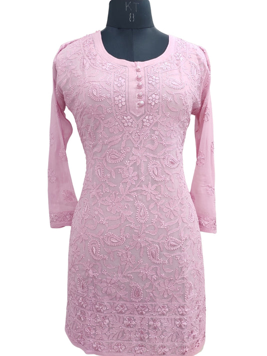 Shyamal Chikan Hand Embroidered Pink Viscose Georgette Lucknowi Chikankari Short Top S22804