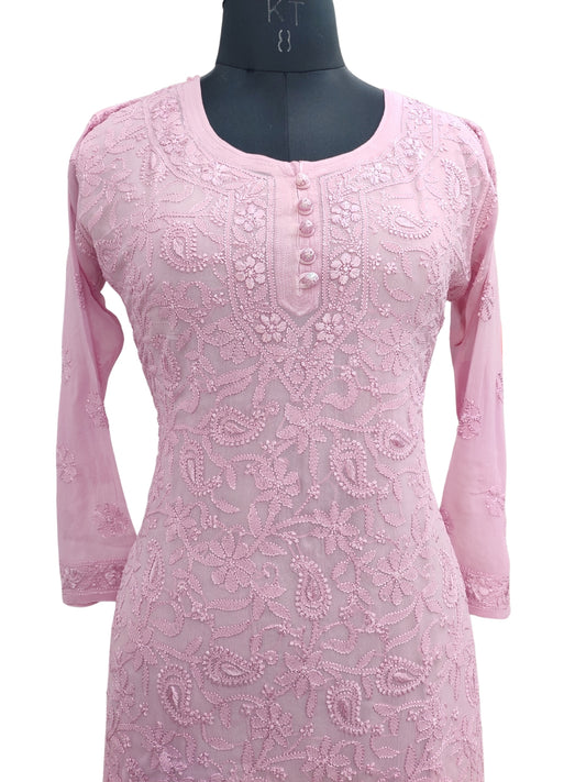 Shyamal Chikan Hand Embroidered Pink Viscose Georgette Lucknowi Chikankari Short Top S22804