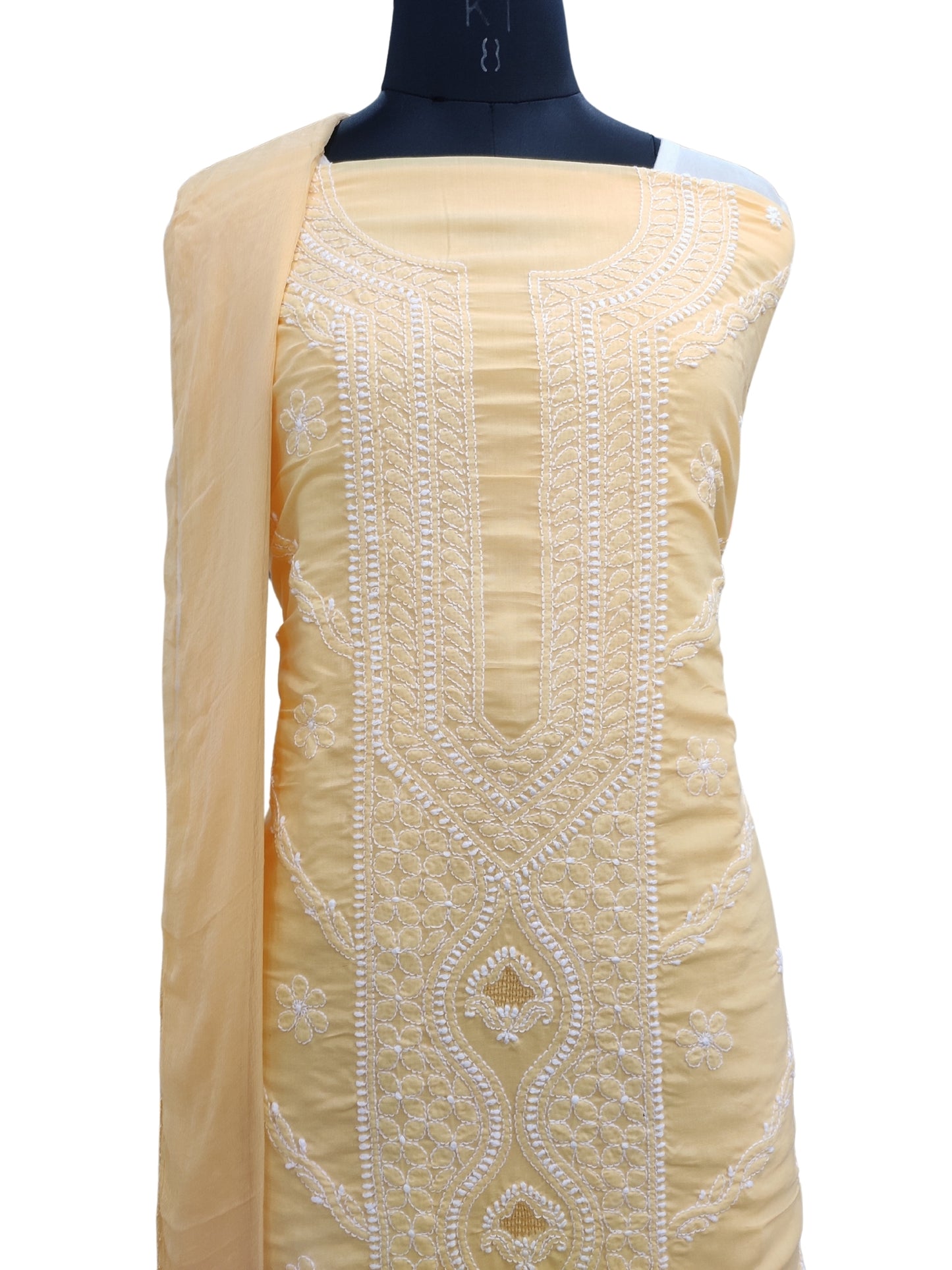 Shyamal Chikan Hand Embroidered Yellow Cotton Lucknowi Chikankari Unstitched Suit Piece - S26256