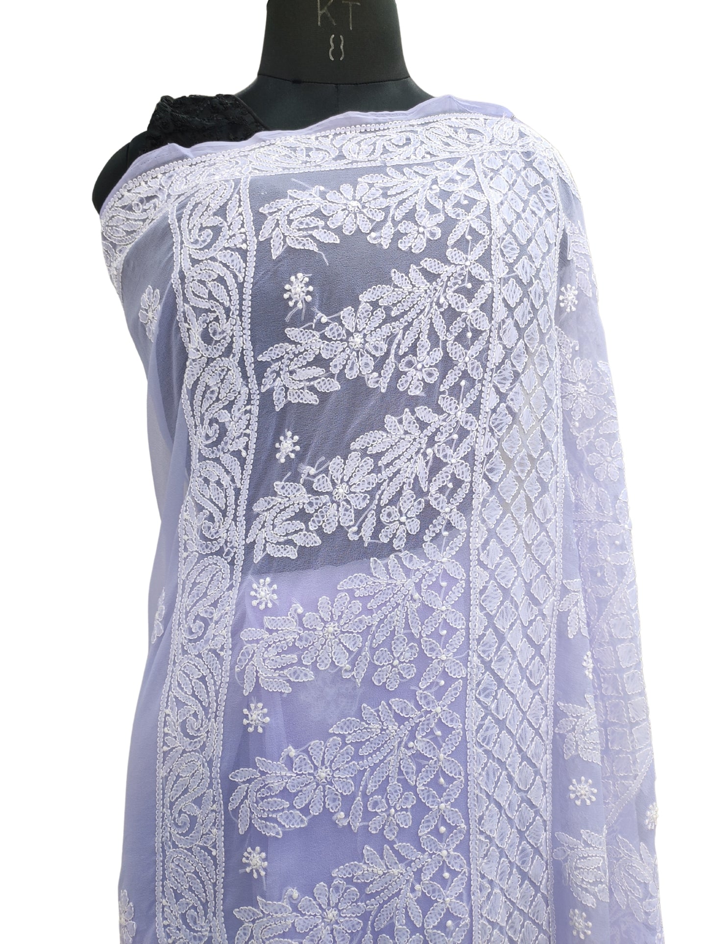 Shyamal Chikan Hand Embroidered Lavender Georgette Lucknowi Chikankari Skirt Saree With Blouse Piece - S26068