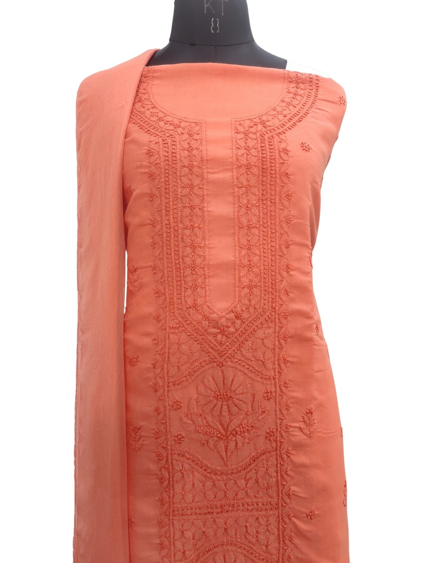 Shyamal Chikan Hand Embroidered Orange Cotton Lucknowi Chikankari Unstitched Suit Piece - S26706