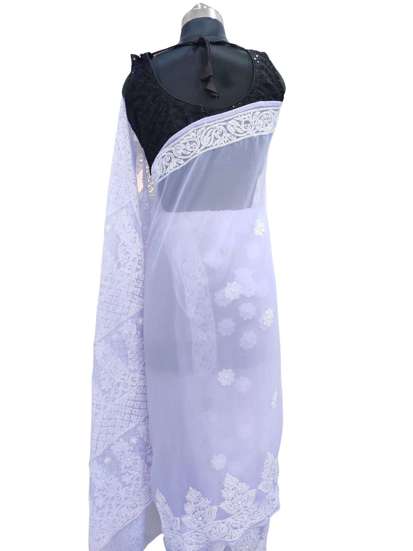 Shyamal Chikan Hand Embroidered Lavender Georgette Lucknowi Chikankari Skirt Saree With Blouse Piece - S26068