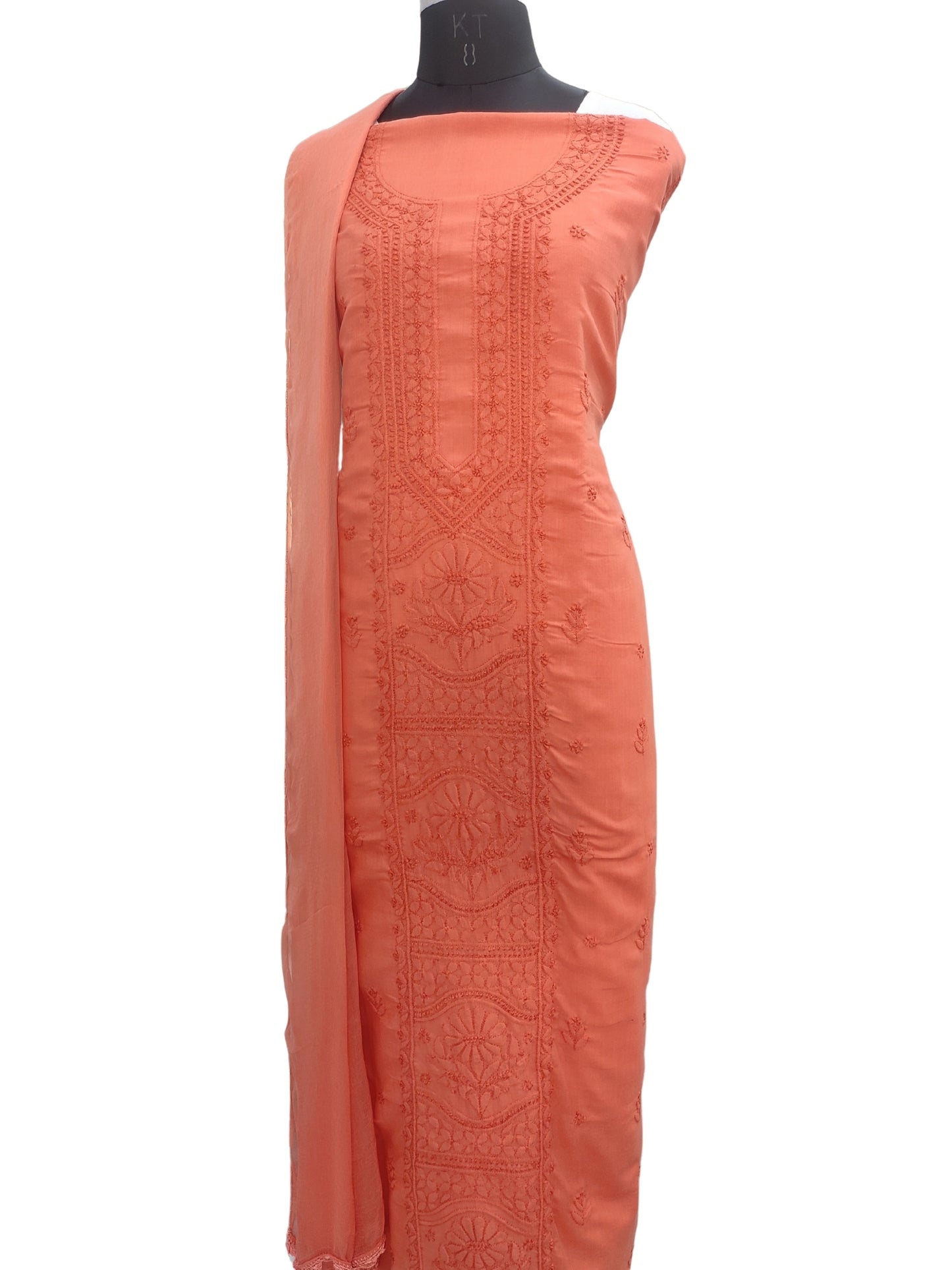 Shyamal Chikan Hand Embroidered Orange Cotton Lucknowi Chikankari Unstitched Suit Piece - S26706